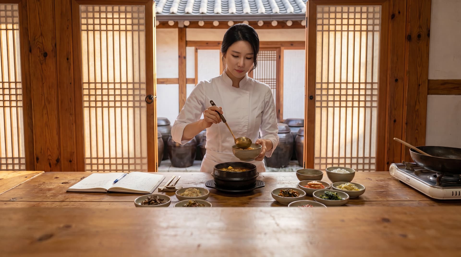 Chef Jeong-sun at a Korean home stove, a ttukbaegi of doenjang-jjigae bubbling beside an open recipe notebook