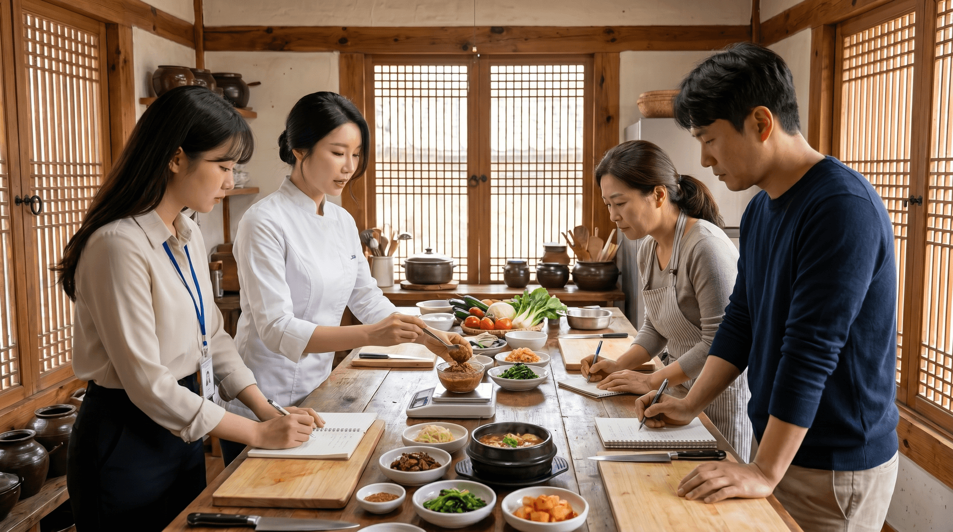 A Korean home table crowded with banchan, jjigae, and rice, an open notebook of handwritten measurements beside it