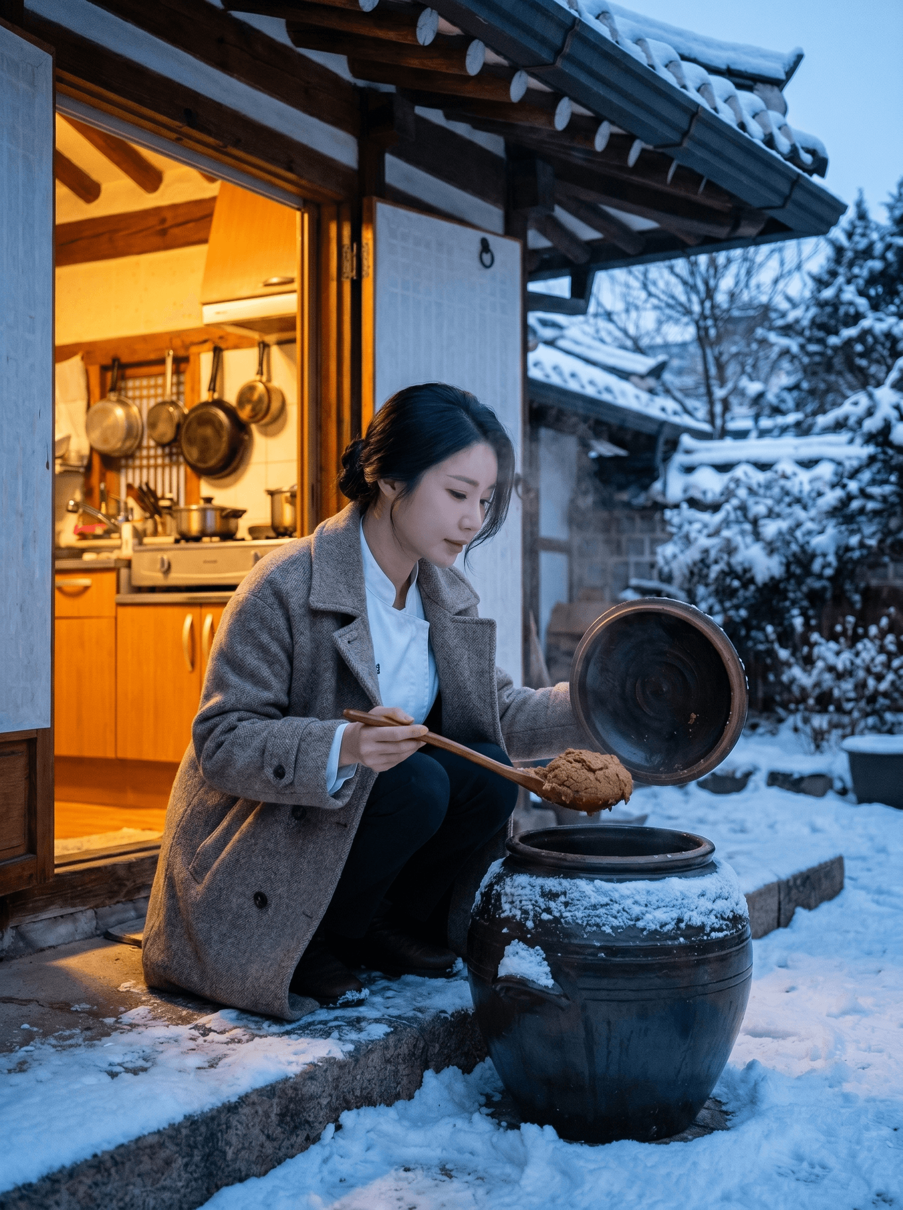 Chef Jeong-sun as a girl at her mother's stove in Suwon, a kimchi crock on the back step