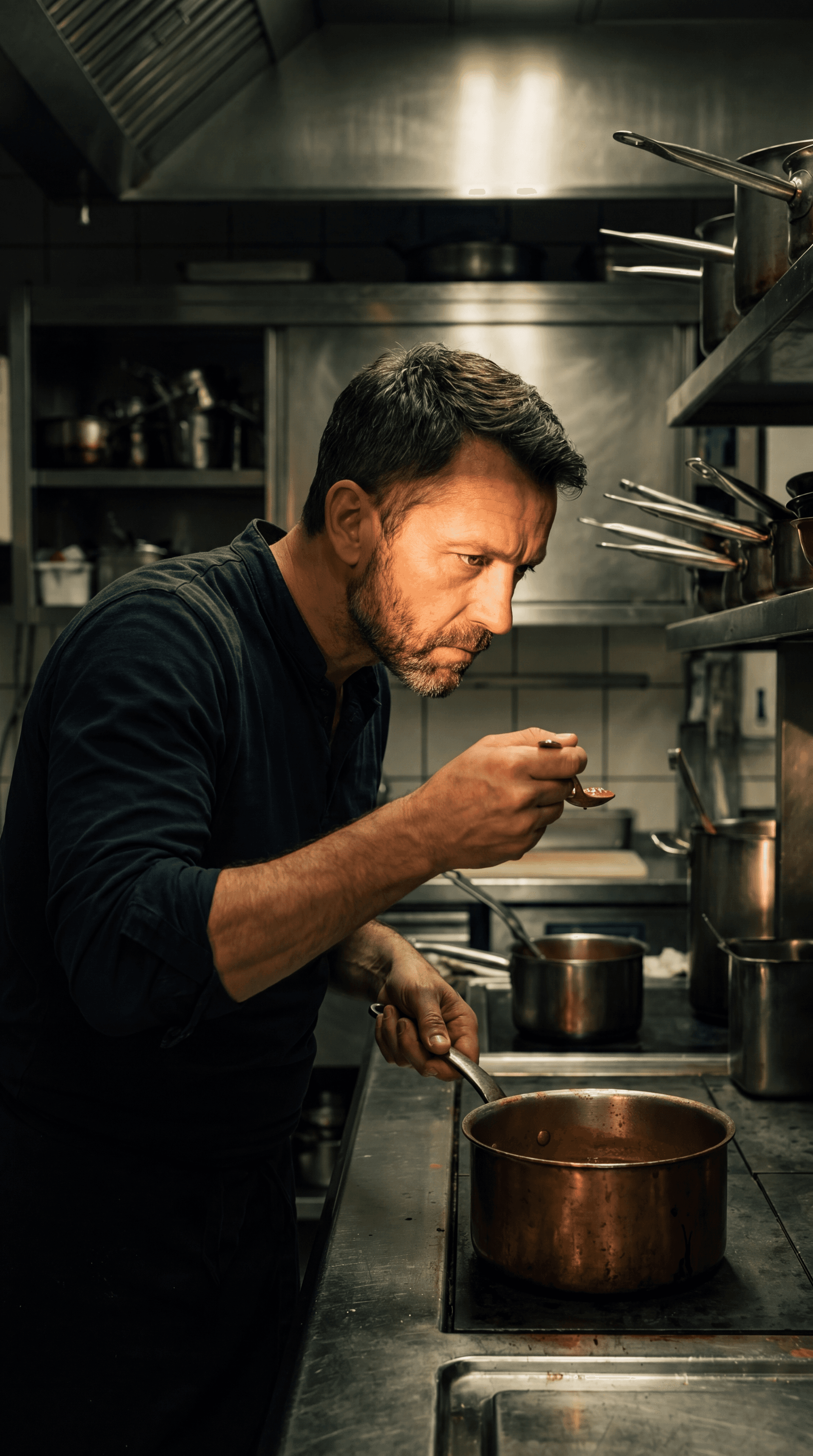 Chef Klaus in a dim professional stainless kitchen, bent low to taste a sauce from a spoon over a copper saucepan