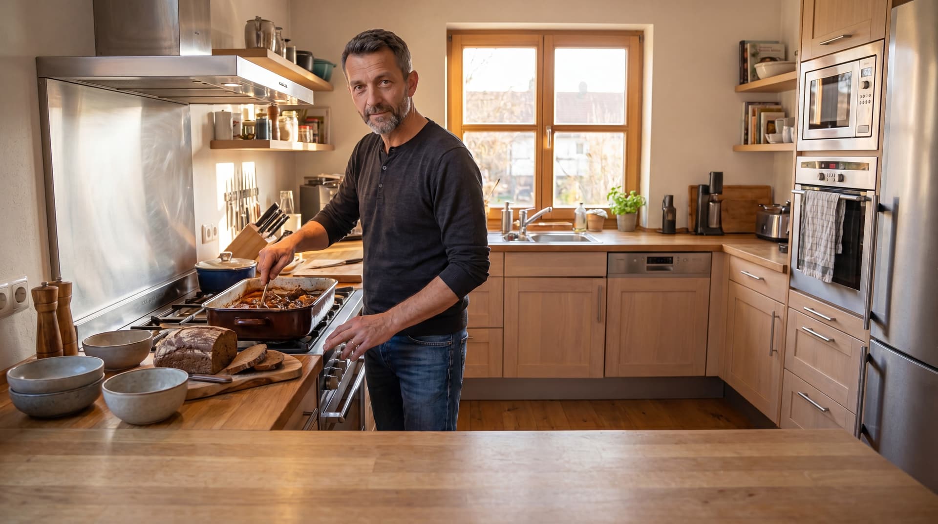 Chef Klaus at the range in a modern wood-and-stainless German kitchen, a roasting dish of meat before him and a dark rye loaf with stoneware bowls on the board, autumn light at the window