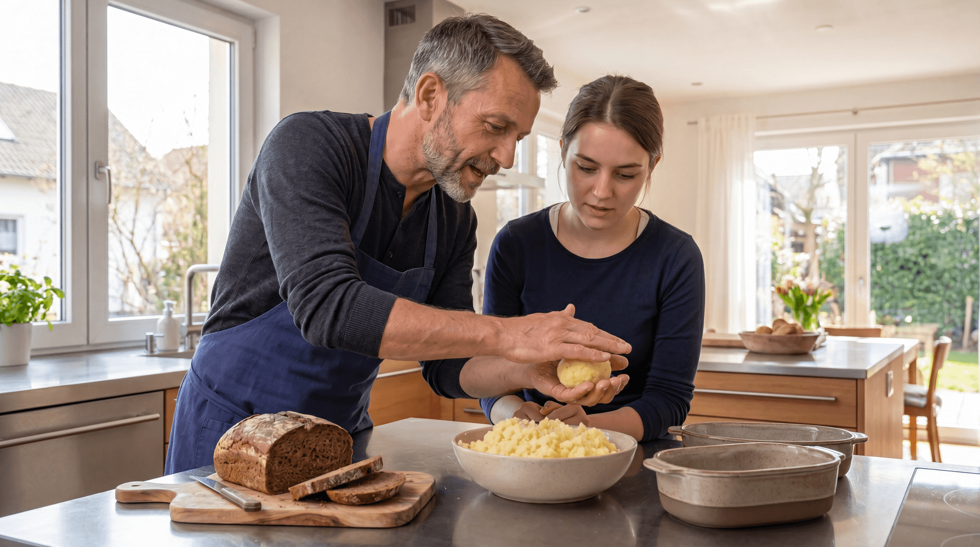 Chef Klaus in a navy apron teaching a young cook to shape riced potato for Kartoffelknödel in a bright modern kitchen, a sliced rye loaf on the board beside them