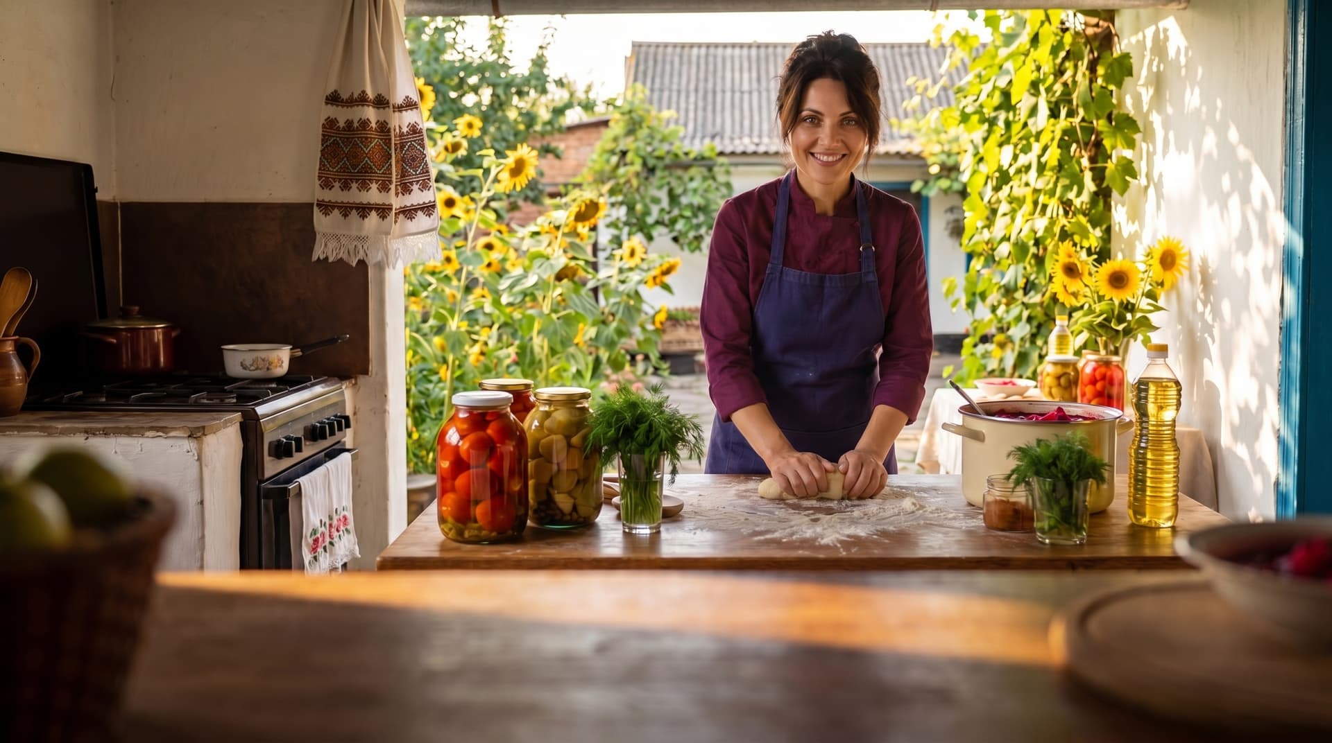 Chef Lesia rolling dough in a sunlit summer kitchen with ferment jars, dill, sunflower oil, and sunflowers behind her