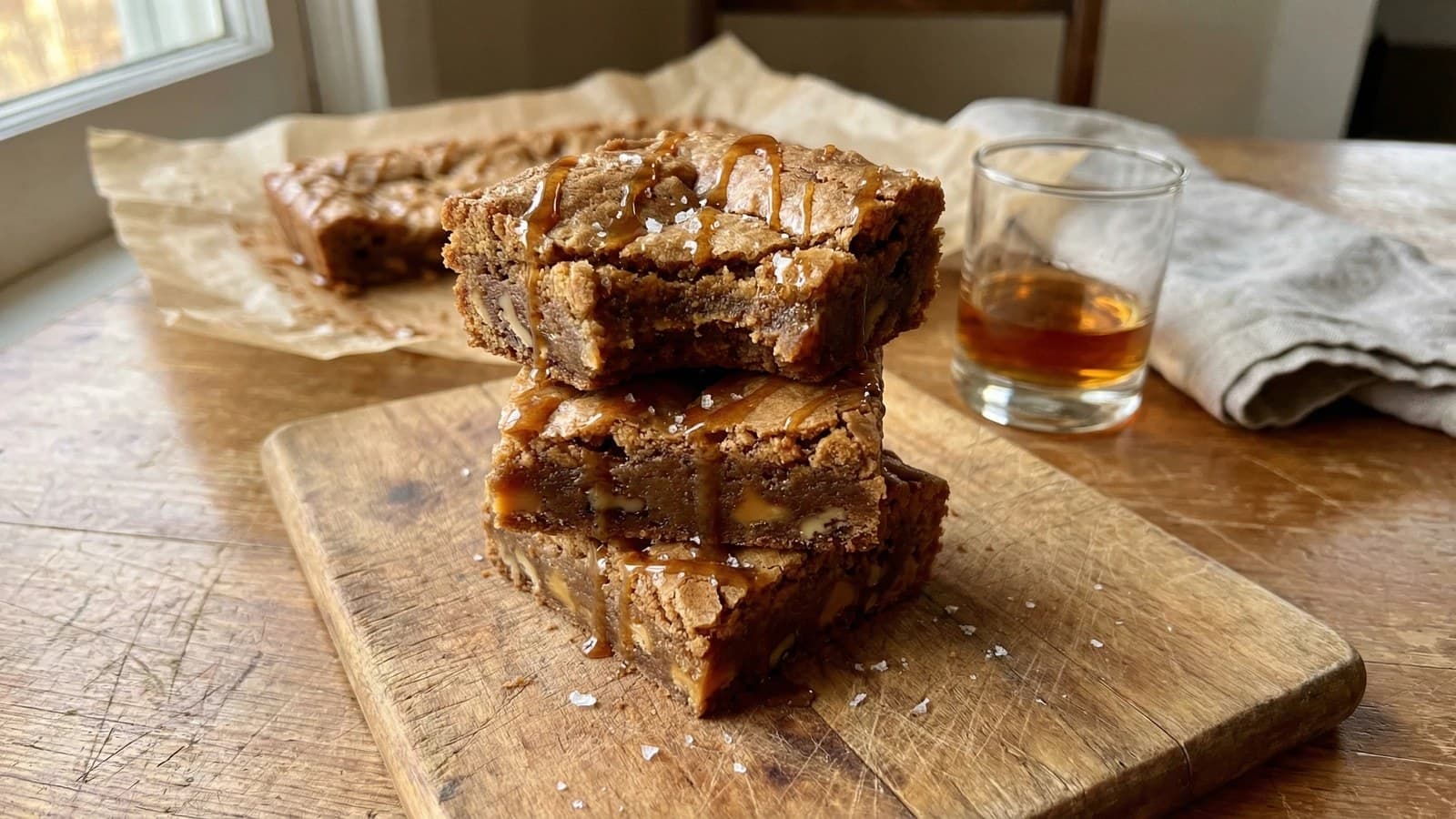 Southern bourbon brown butter blondies with caramel glaze, flaky sea salt, and a glass of bourbon on a wooden board