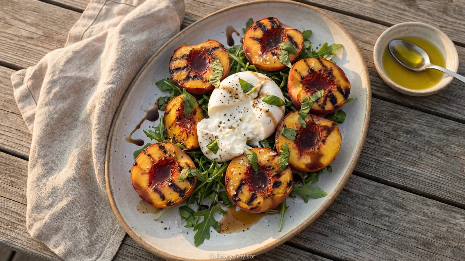 Grilled California stone fruit with burrata, arugula, torn basil, and aged balsamic on a rustic platter