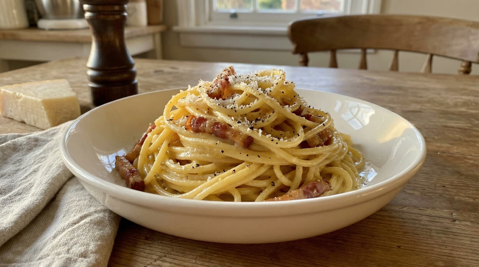 Italian spaghetti alla carbonara with crisped guanciale, pecorino, and black pepper