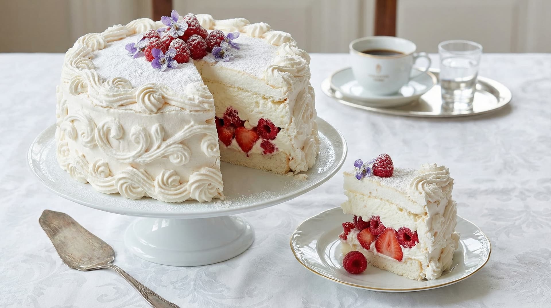 Viennese Spanische Windtorte meringue cake with fresh berries and violet flowers
