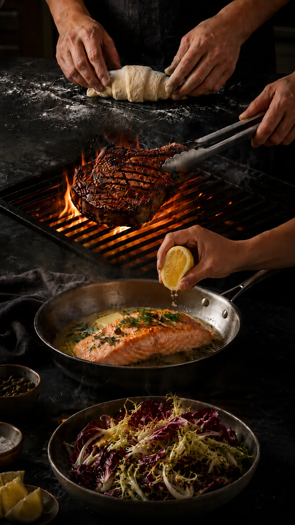 Four-panel kitchen scene: shaping dough, grilling a steak over open flame, basting pan-seared salmon, and plating a fresh salad
