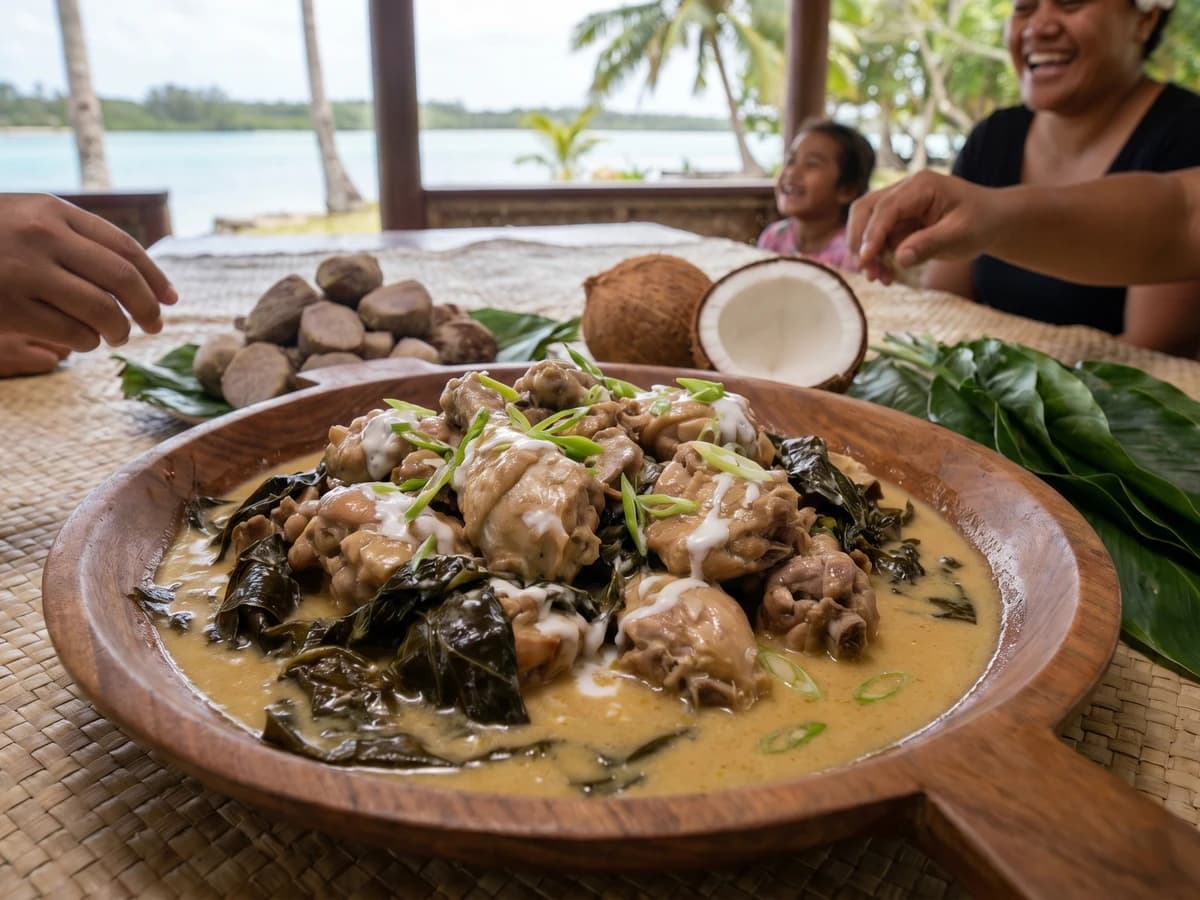 Pele Moa (Tongan Chicken and Island Spinach in Coconut Cream) - Chef Makoa
