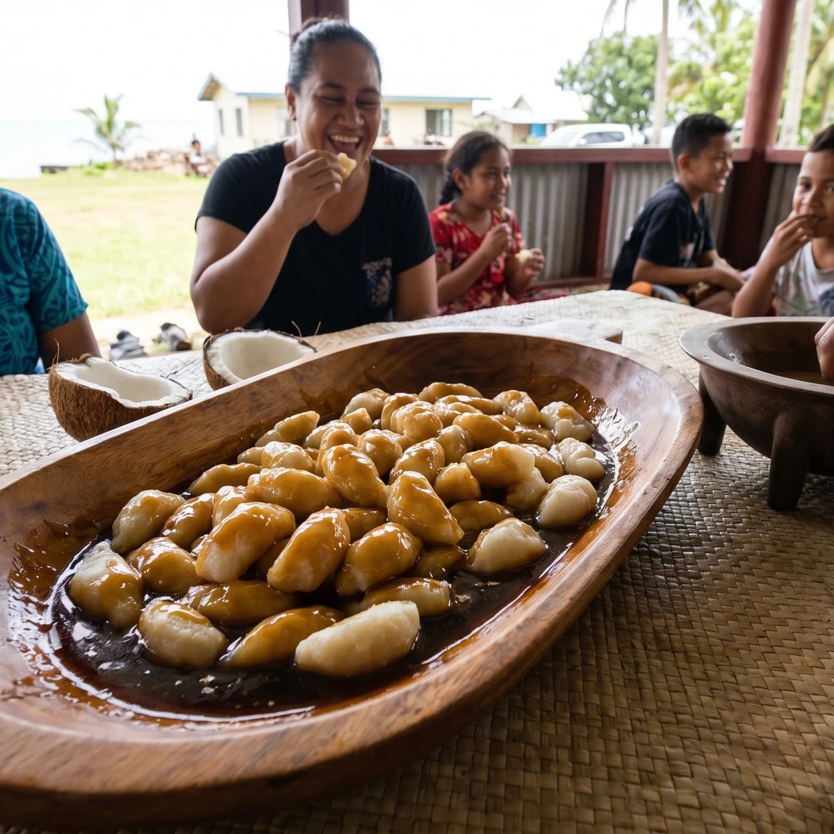 Manioke Faikakai (Tongan Cassava Dumplings in Coconut Caramel)
