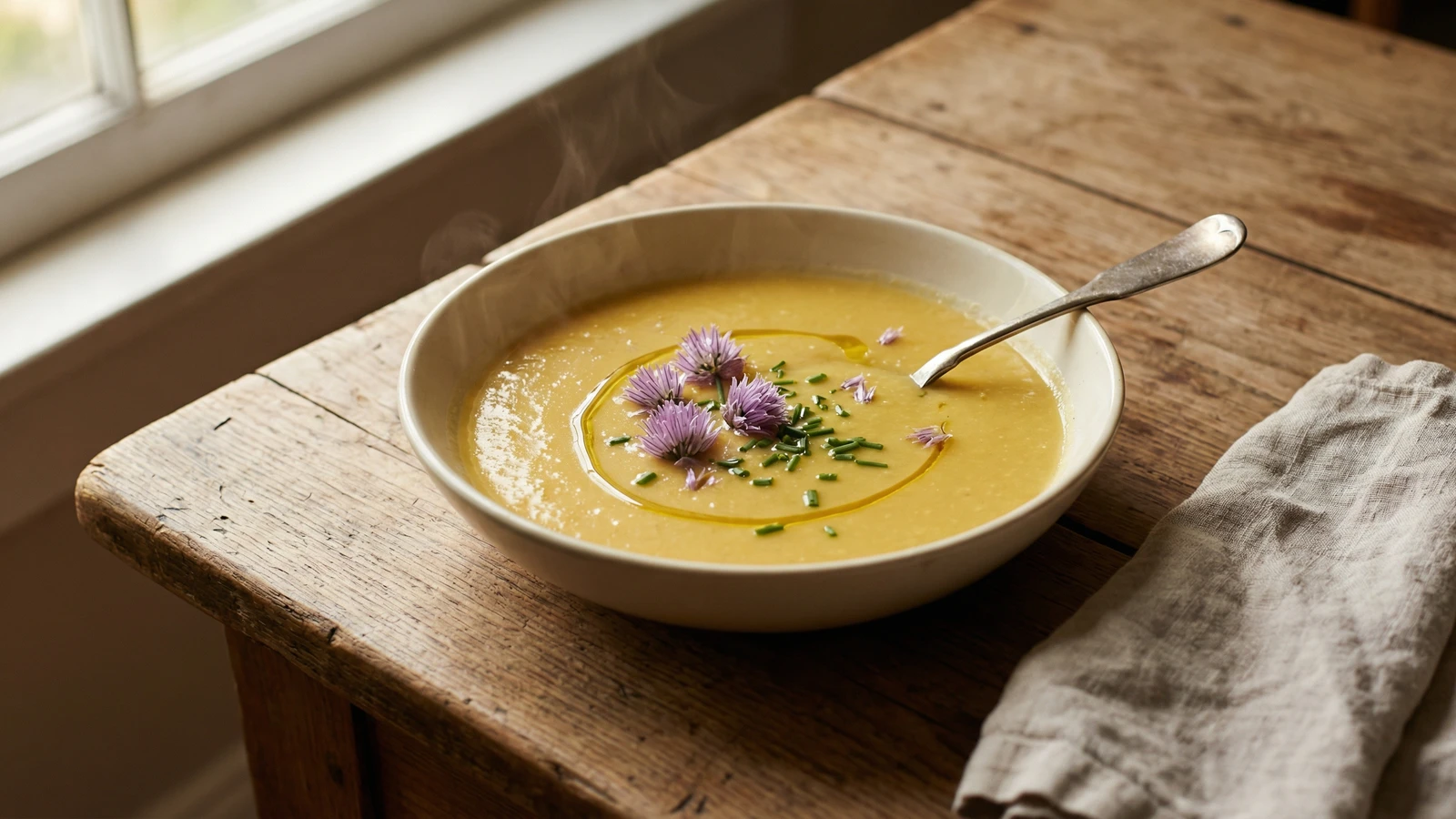 Fresh Sweet Corn Soup with Chive Blossoms
