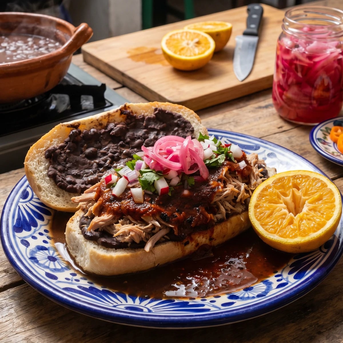 Torta de Frijol con Puerco Yucateca