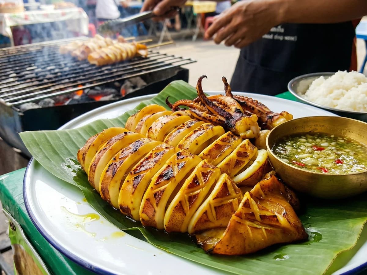 Grilled Squid with Seafood Sauce (Pla Muk Yang) - Chef Fai