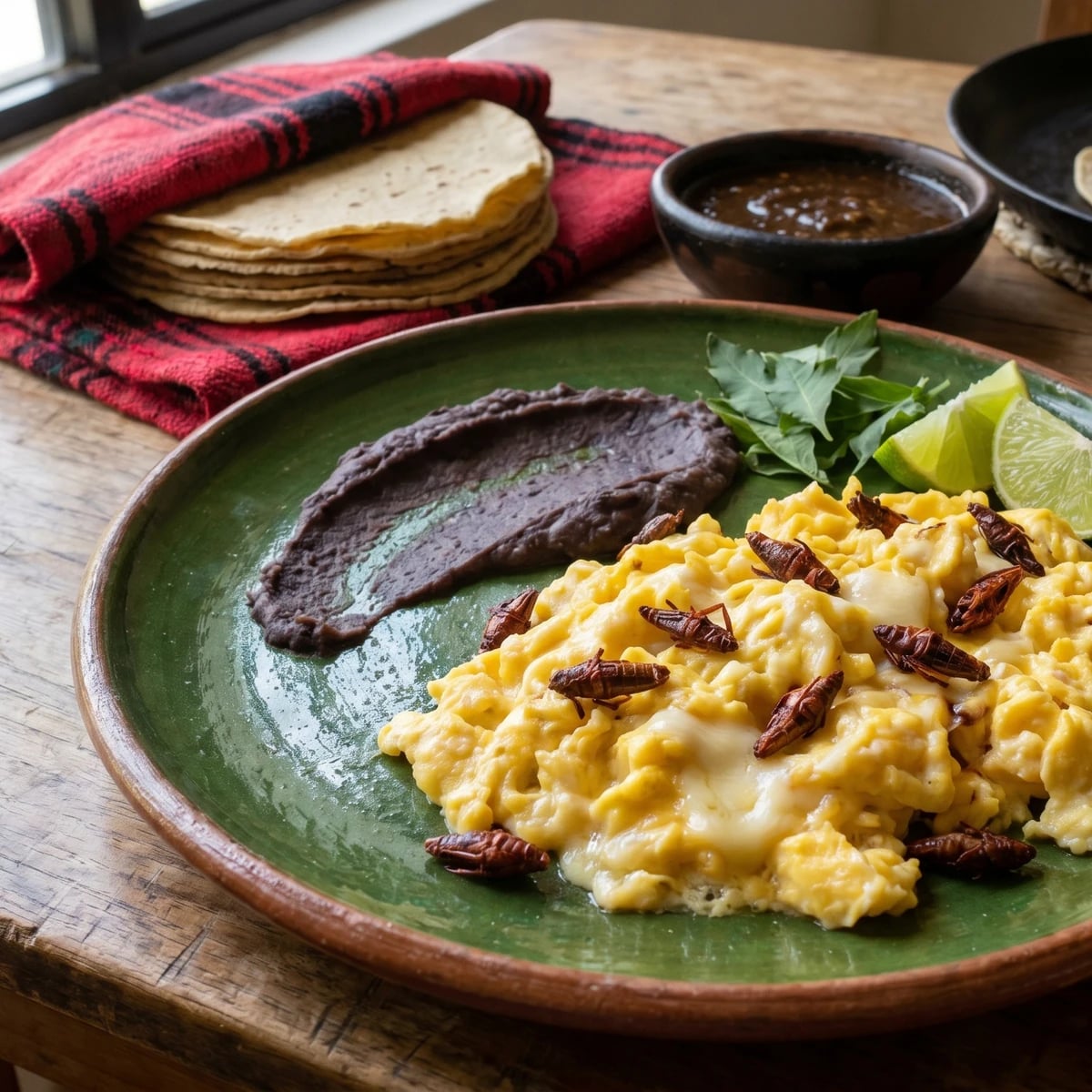 Huevos con Chapulines y Quesillo