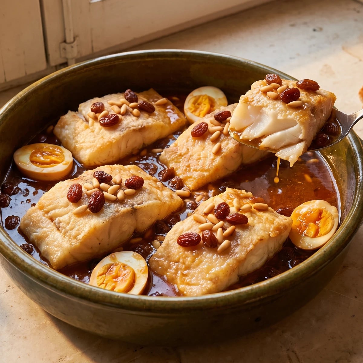 Bacalao con Pasas y Piñones