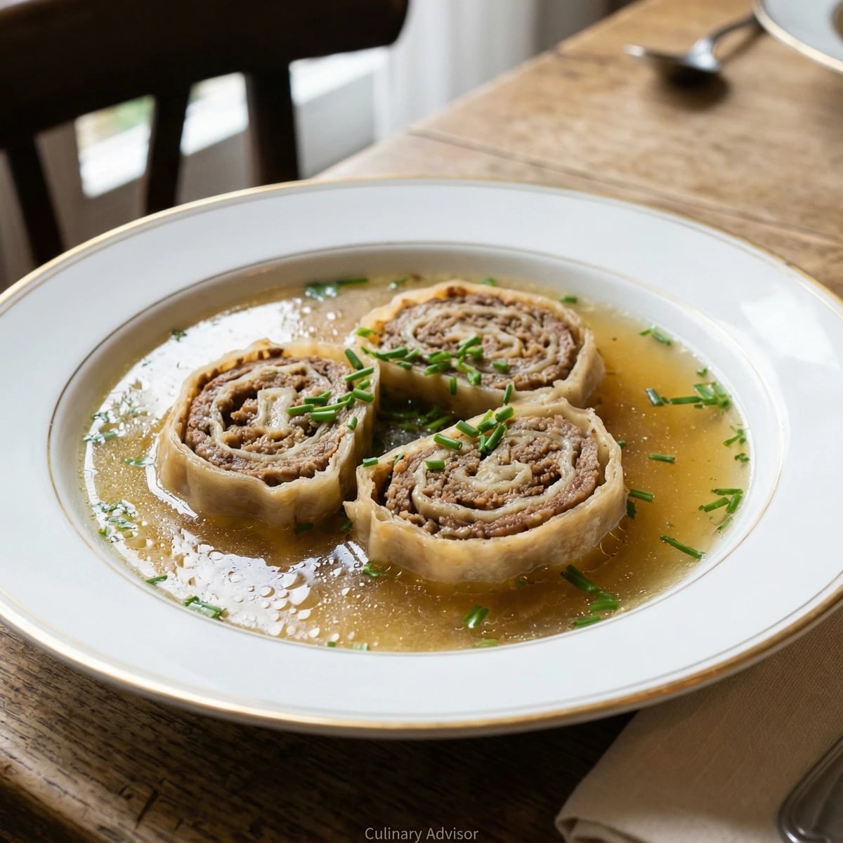 Fleischstrudel in Rindssuppe