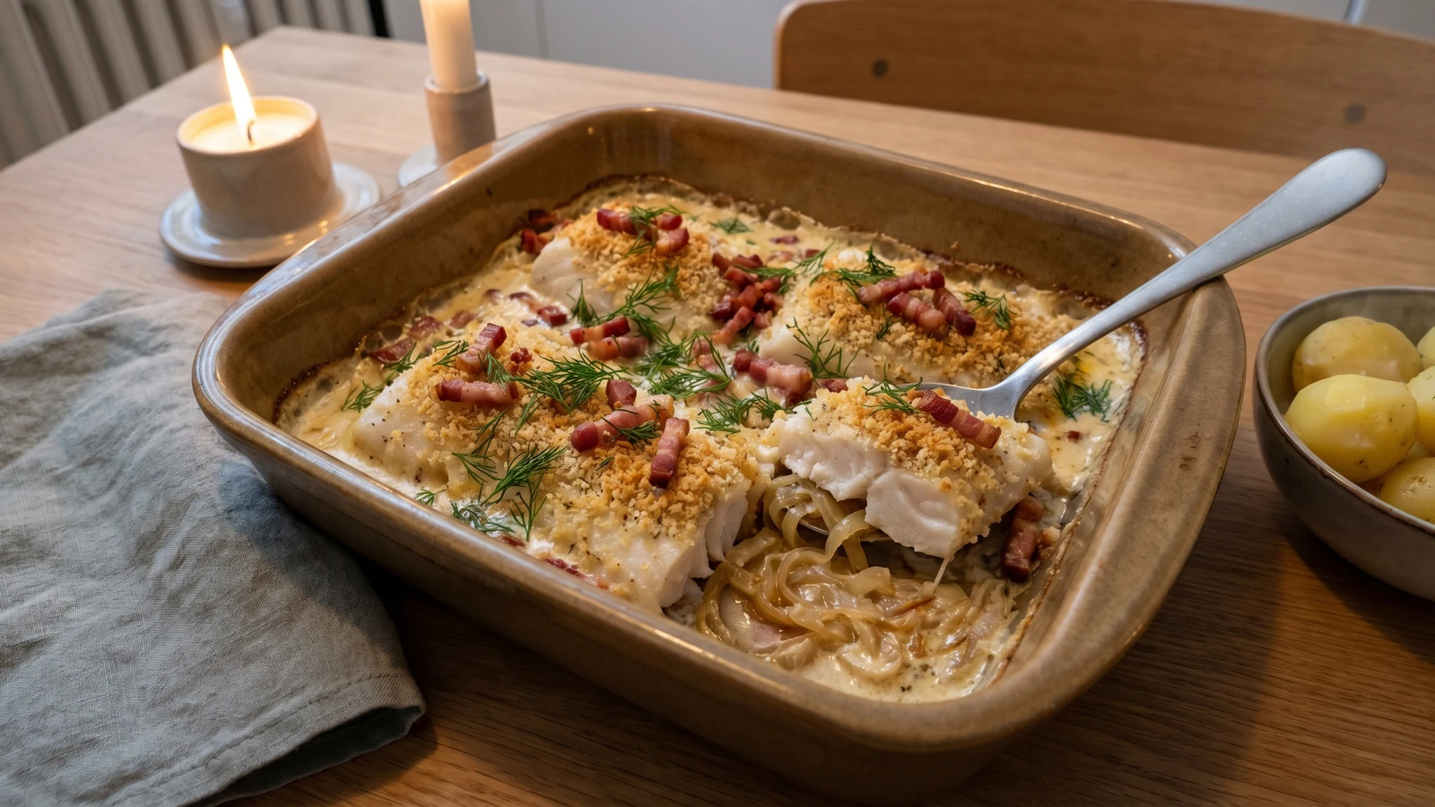 Torsk i Fad med Bacon og Bløde Løg