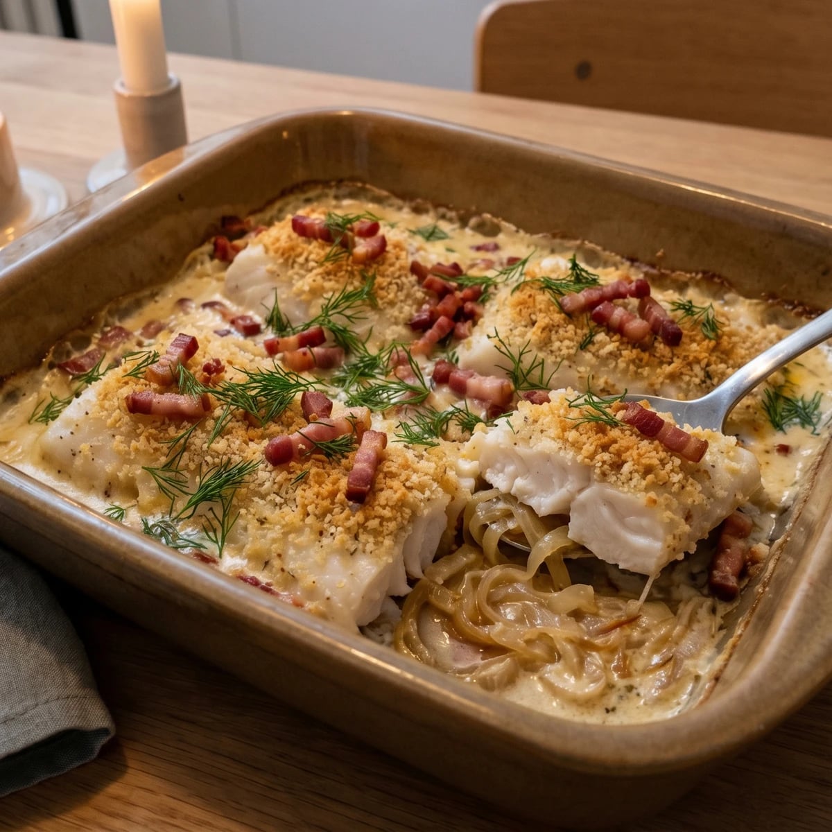 Torsk i Fad med Bacon og Bløde Løg