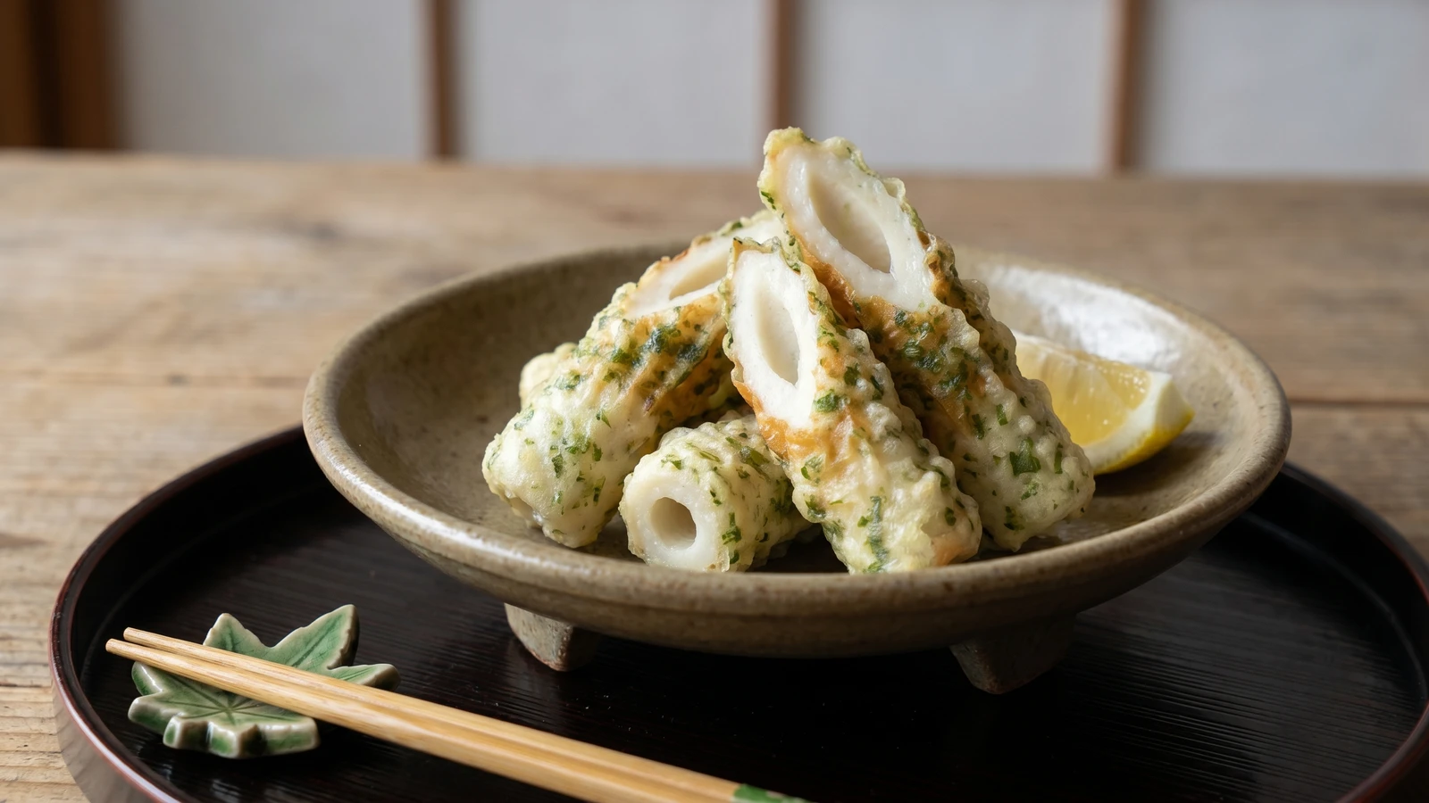 Chikuwa Isobeage (ちくわの磯辺揚げ, fried fish-cake with aonori)