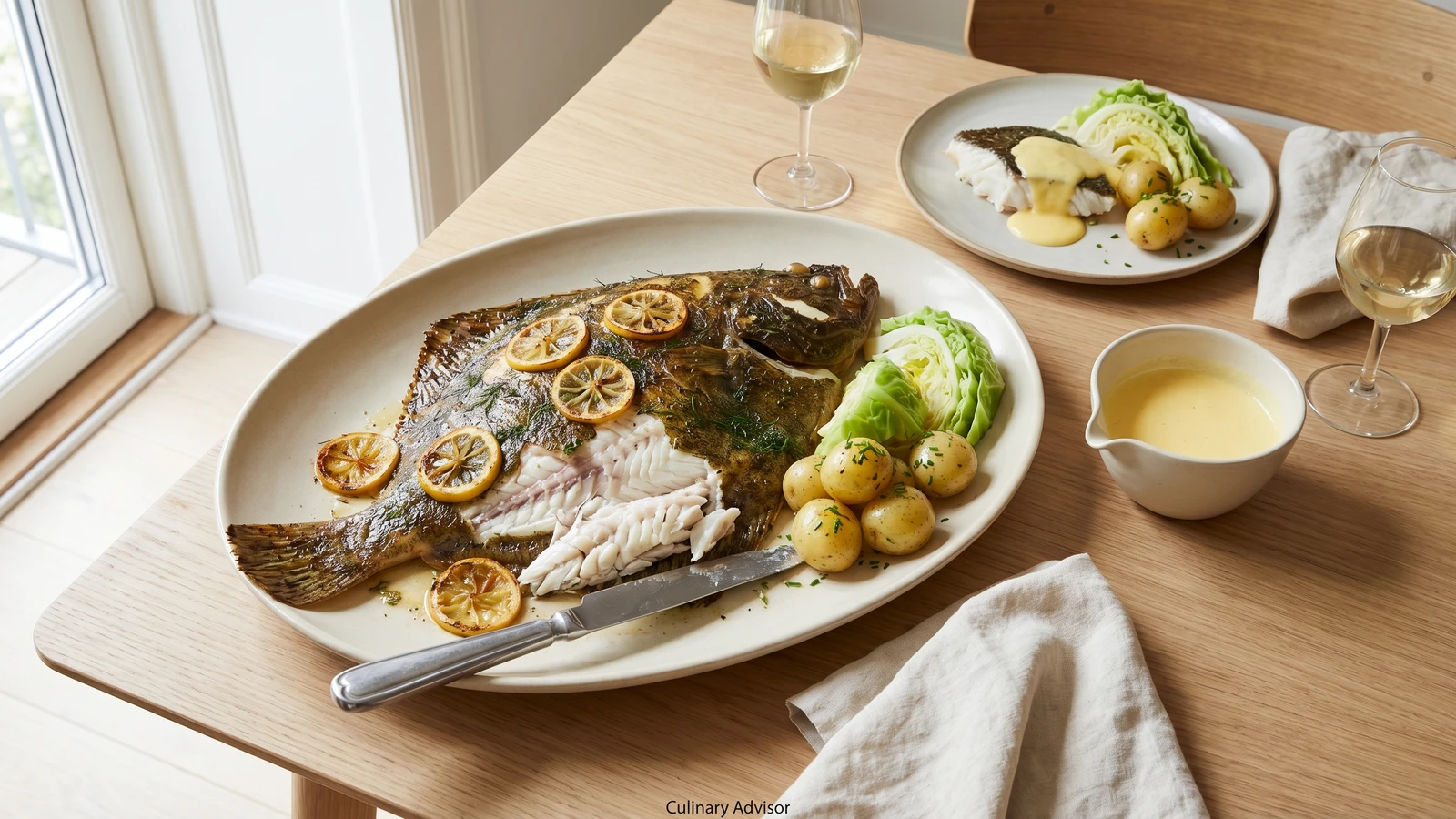 Hel Ovnbagt Pighvar med Sauce Hollandaise