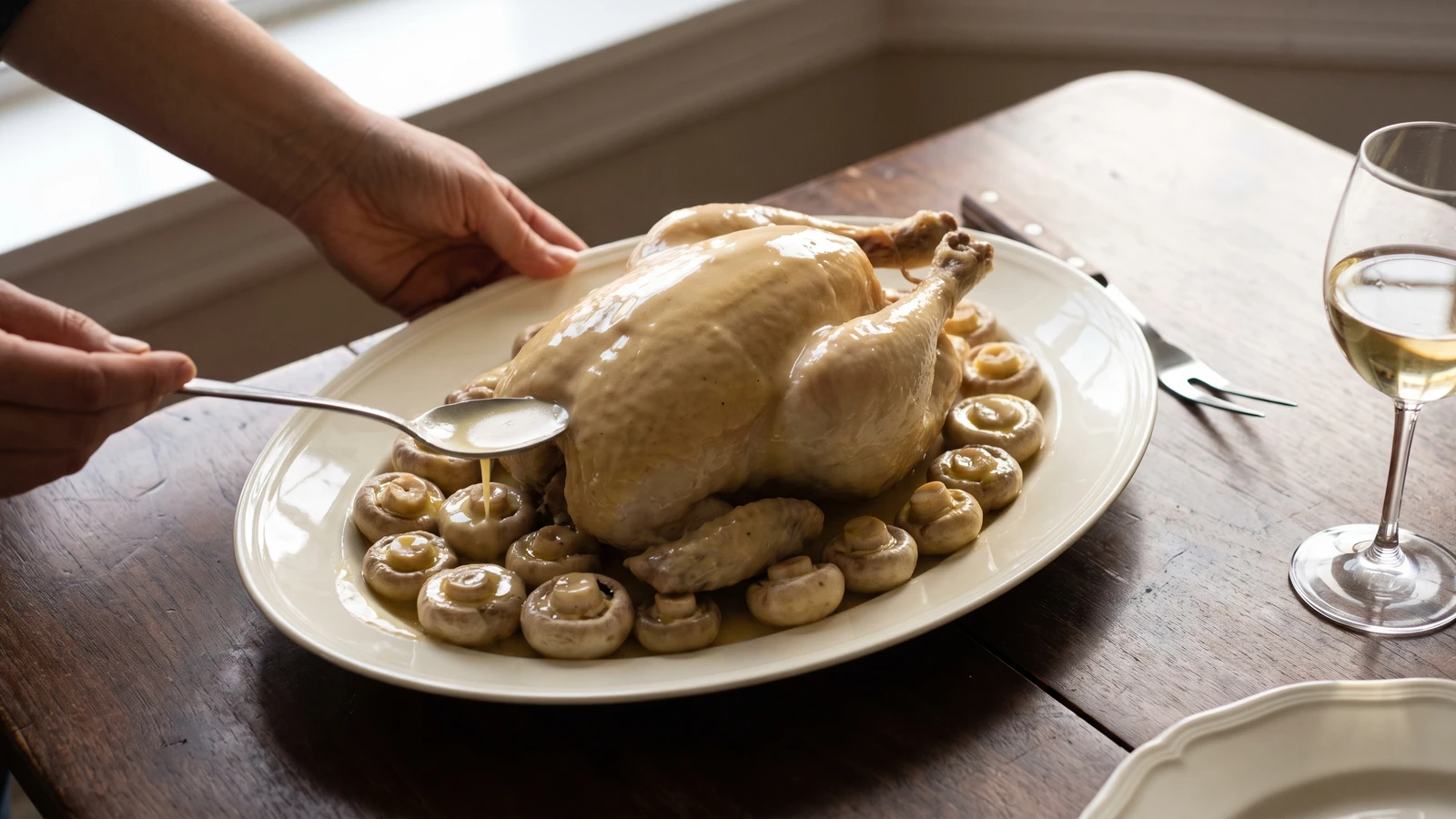 Poularde aux Champignons à Blanc