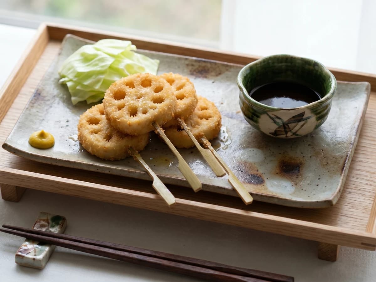 Fried Lotus Root Skewers (れんこん串カツ, Renkon Kushikatsu) - Chef Takumi