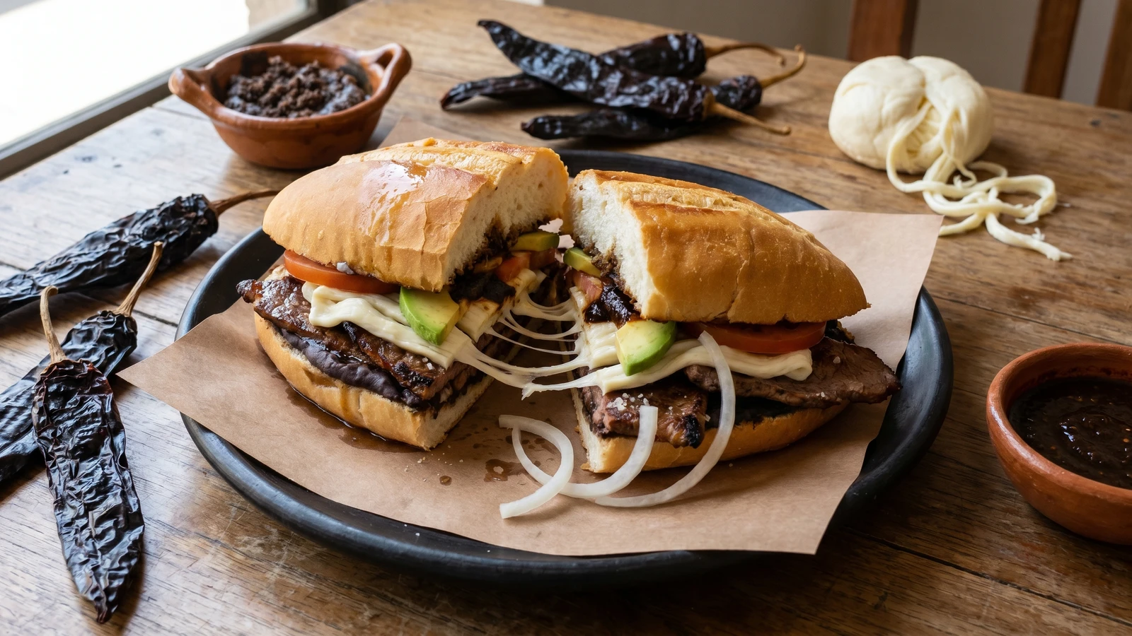 Torta de Tasajo Oaxaqueña con Asiento y Quesillo
