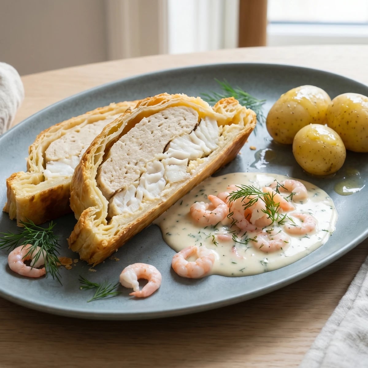 Indbagt Fisk i Butterdej med Rejesauce