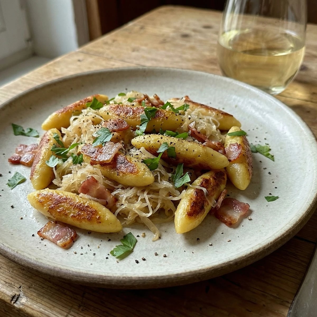 Schupfnudeln mit Sauerkraut und Speck