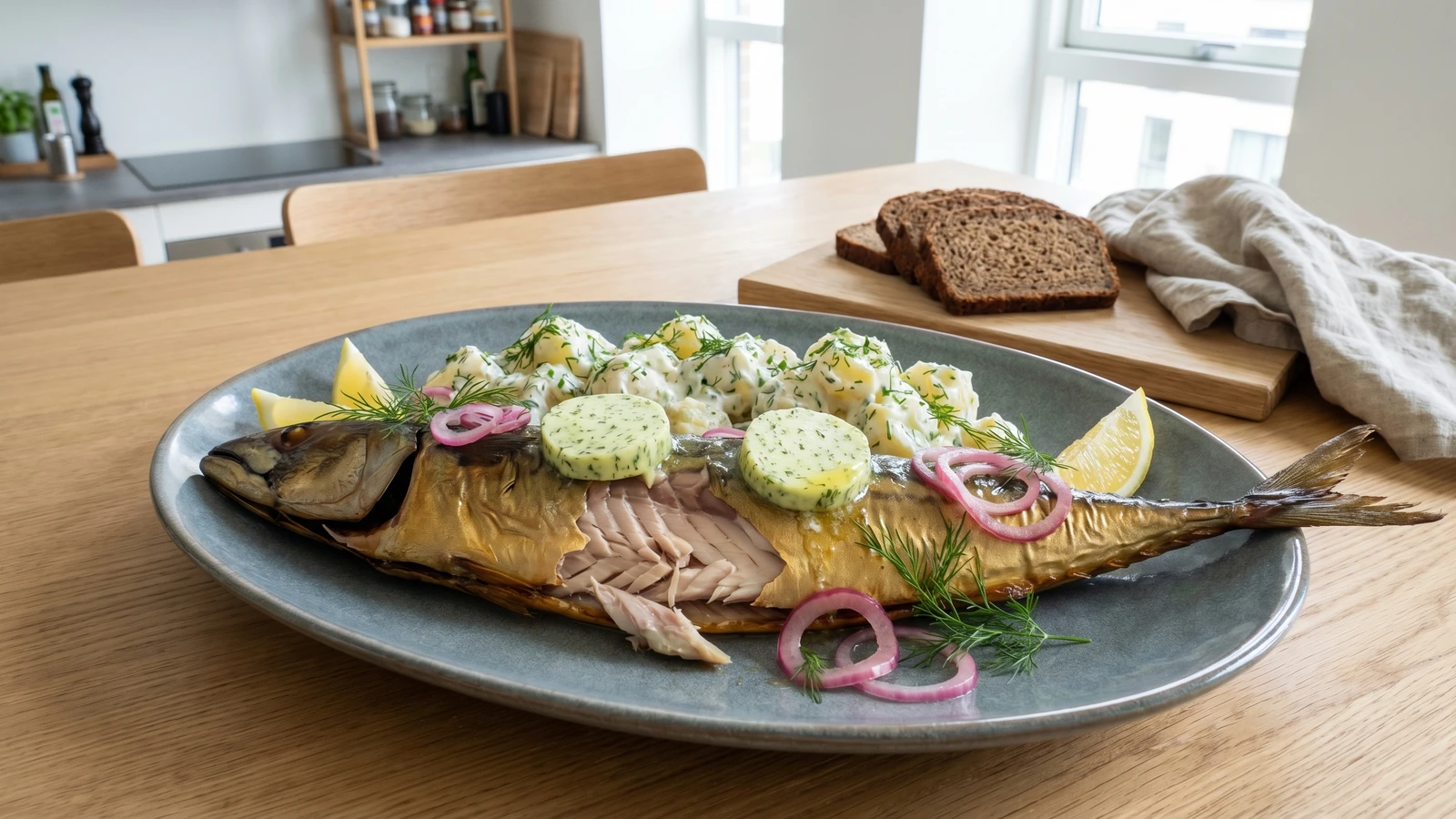 Varm Røget Makrel med Kartoffelsalat og Dildsmør