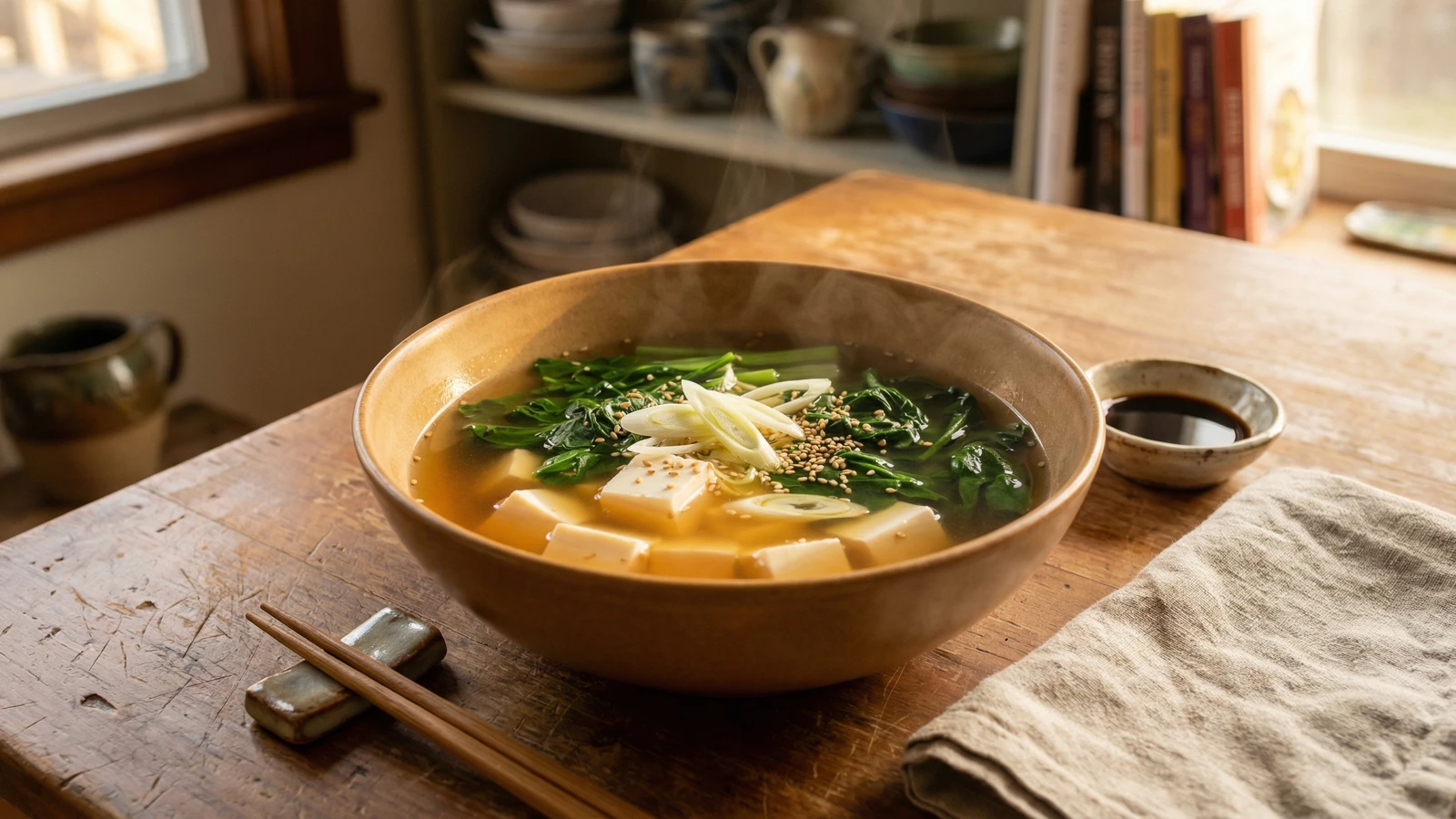 Dashi with Silken Tofu and Seasonal Greens