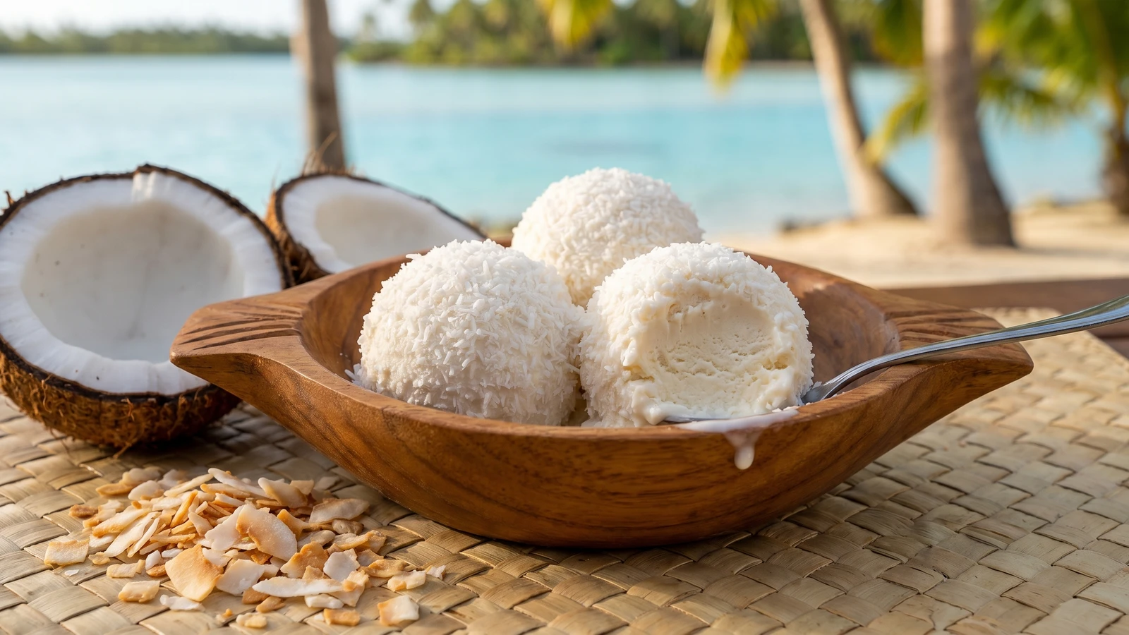 Aitutaki Snowball (Cook Islands Vanilla Ice Cream Rolled in Coconut)