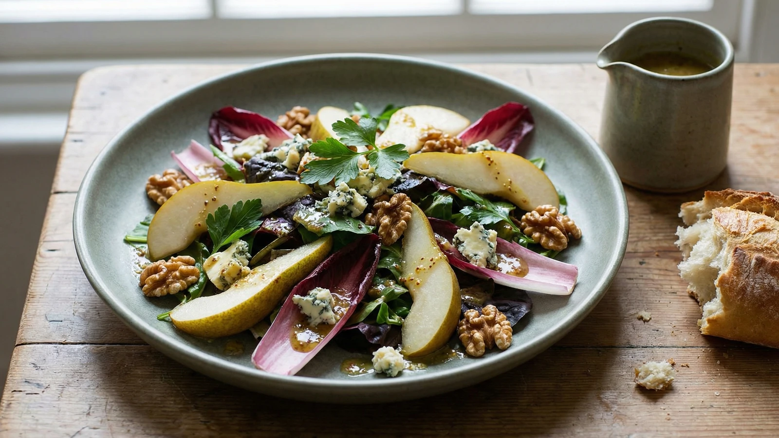 Pear, Stilton and Walnut Salad with Bitter Leaves