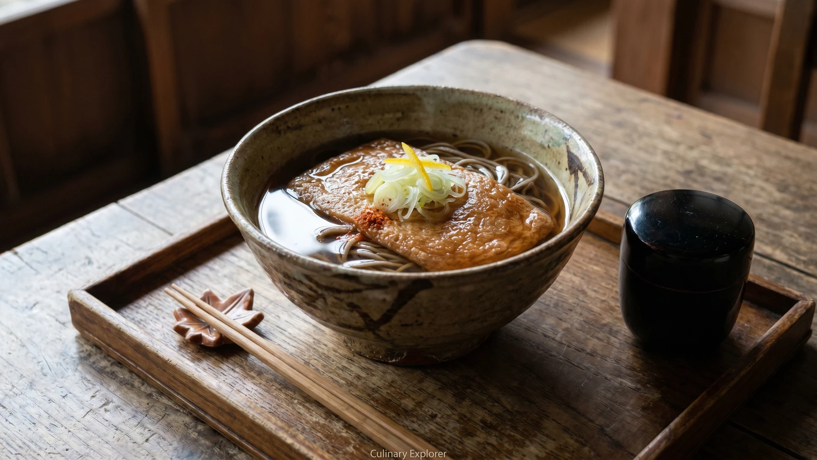 Kitsune Soba (きつねそば, soba with sweet-simmered aburaage)