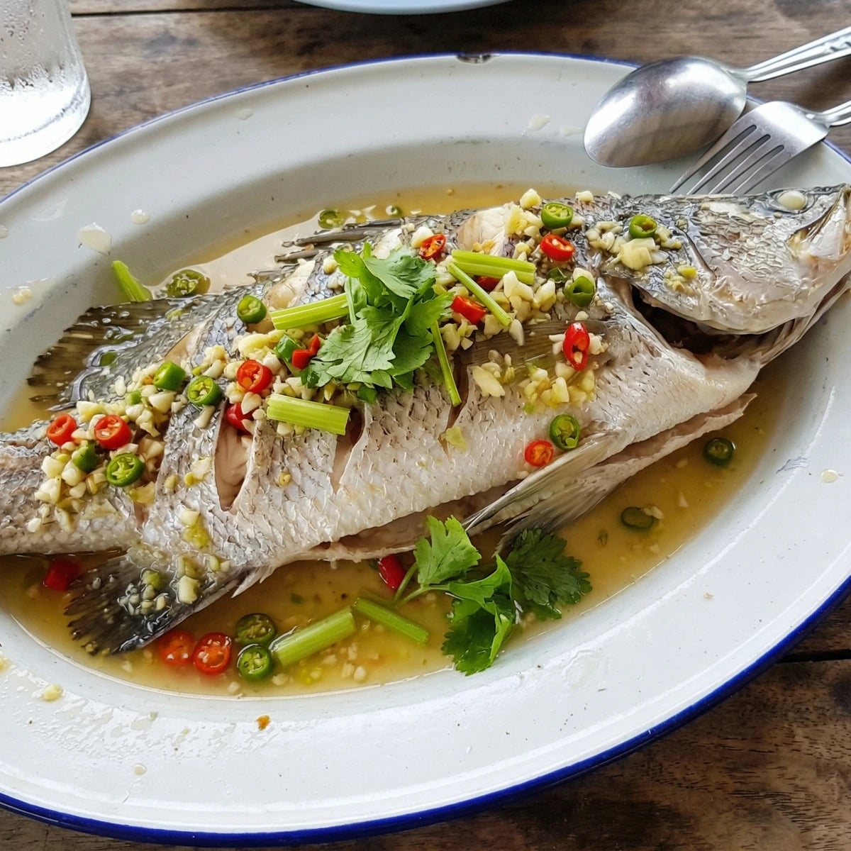 Steamed Sea Bass with Lime (Pla Kapong Neung Manao)