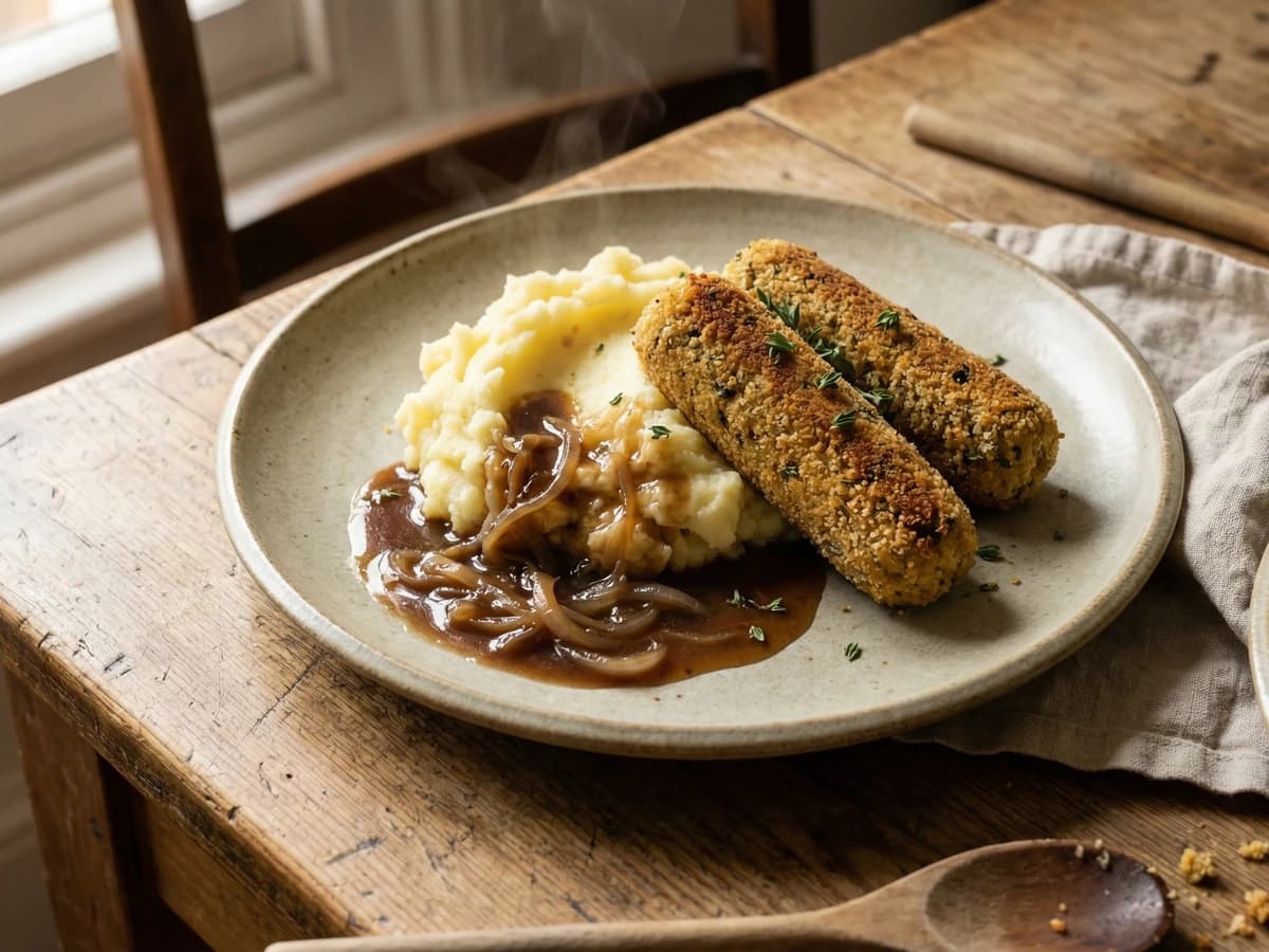 Glamorgan Sausages with Mash and Onion Gravy - Chef Thomas