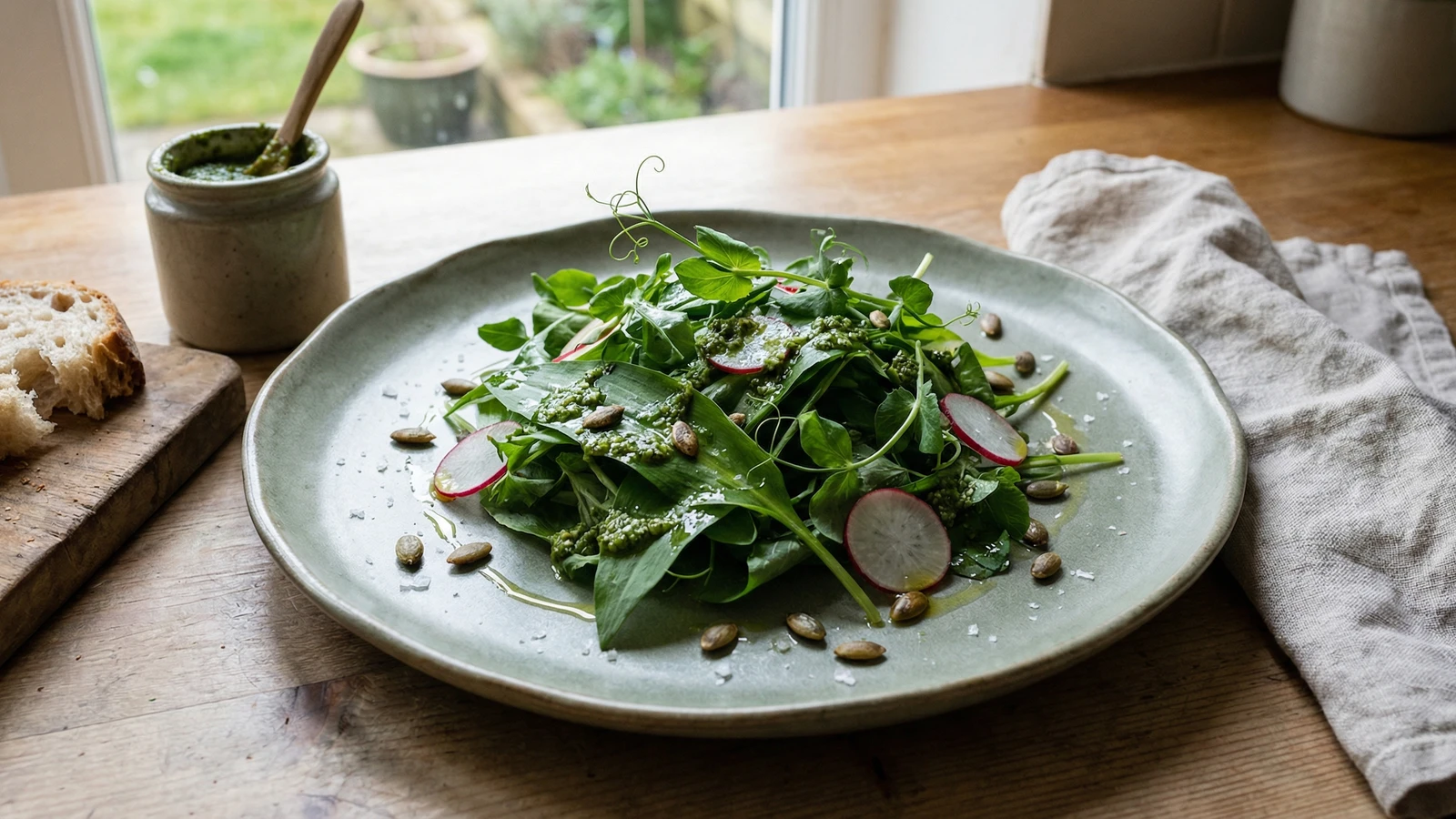 Spring Leaves with Wild Garlic and Pea Shoots