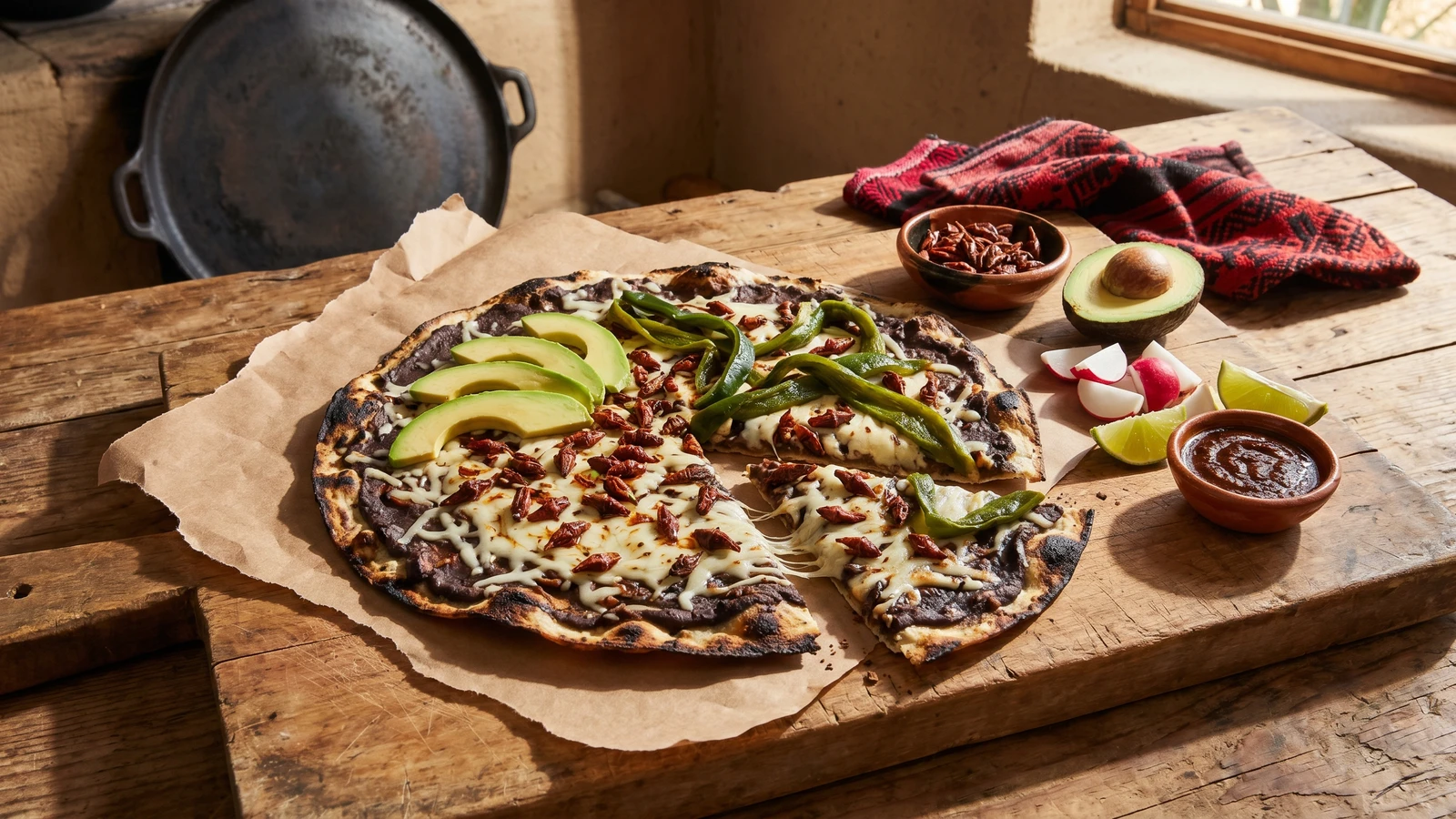 Tlayuda con Chapulines y Aguacate