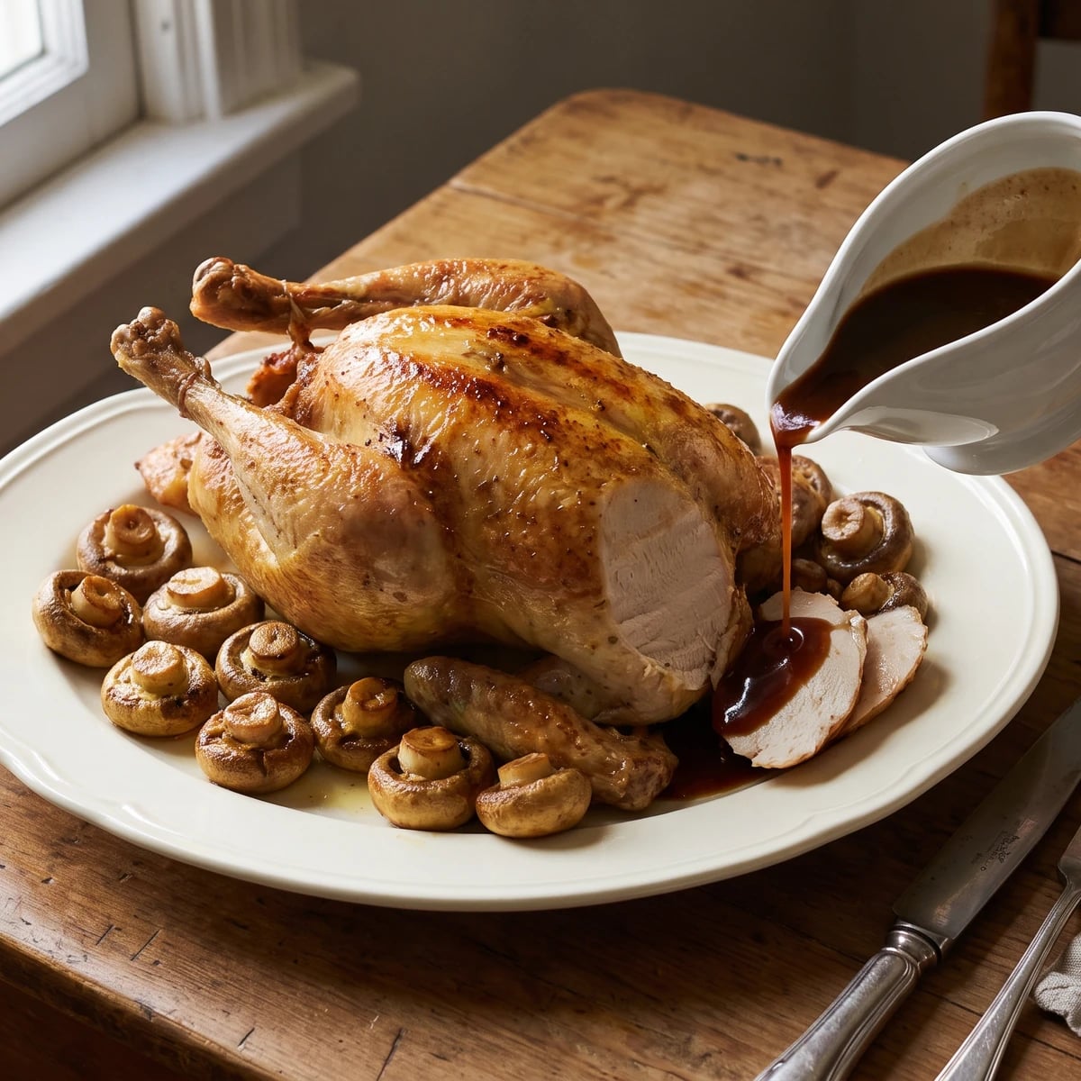 Poularde aux Champignons à Brun