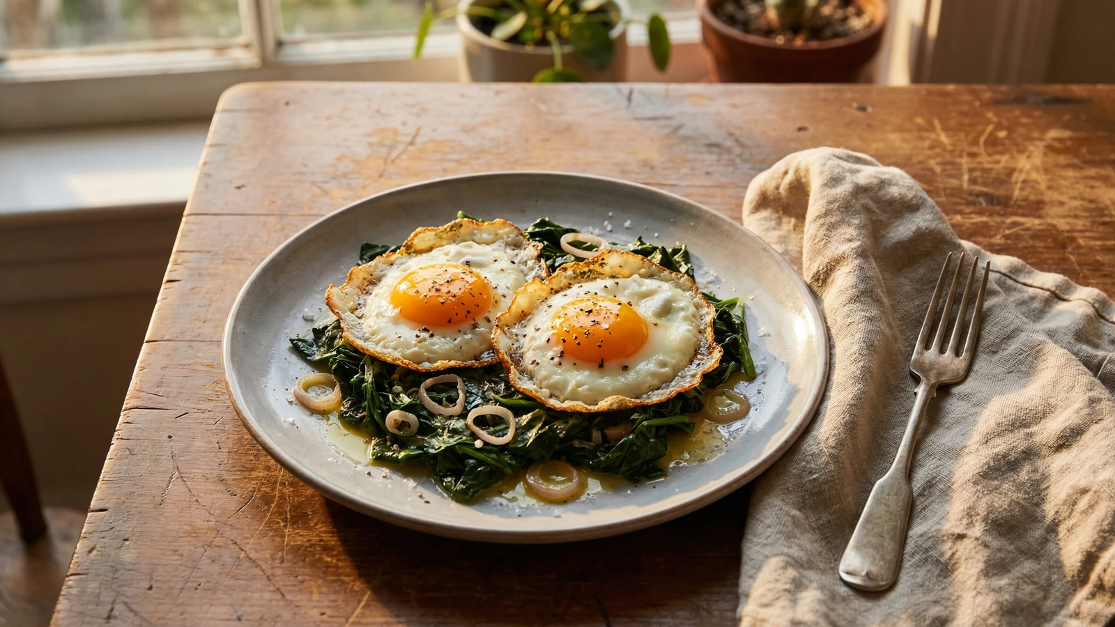 Farm Eggs Sunny-Side Up with Wilted Market Greens