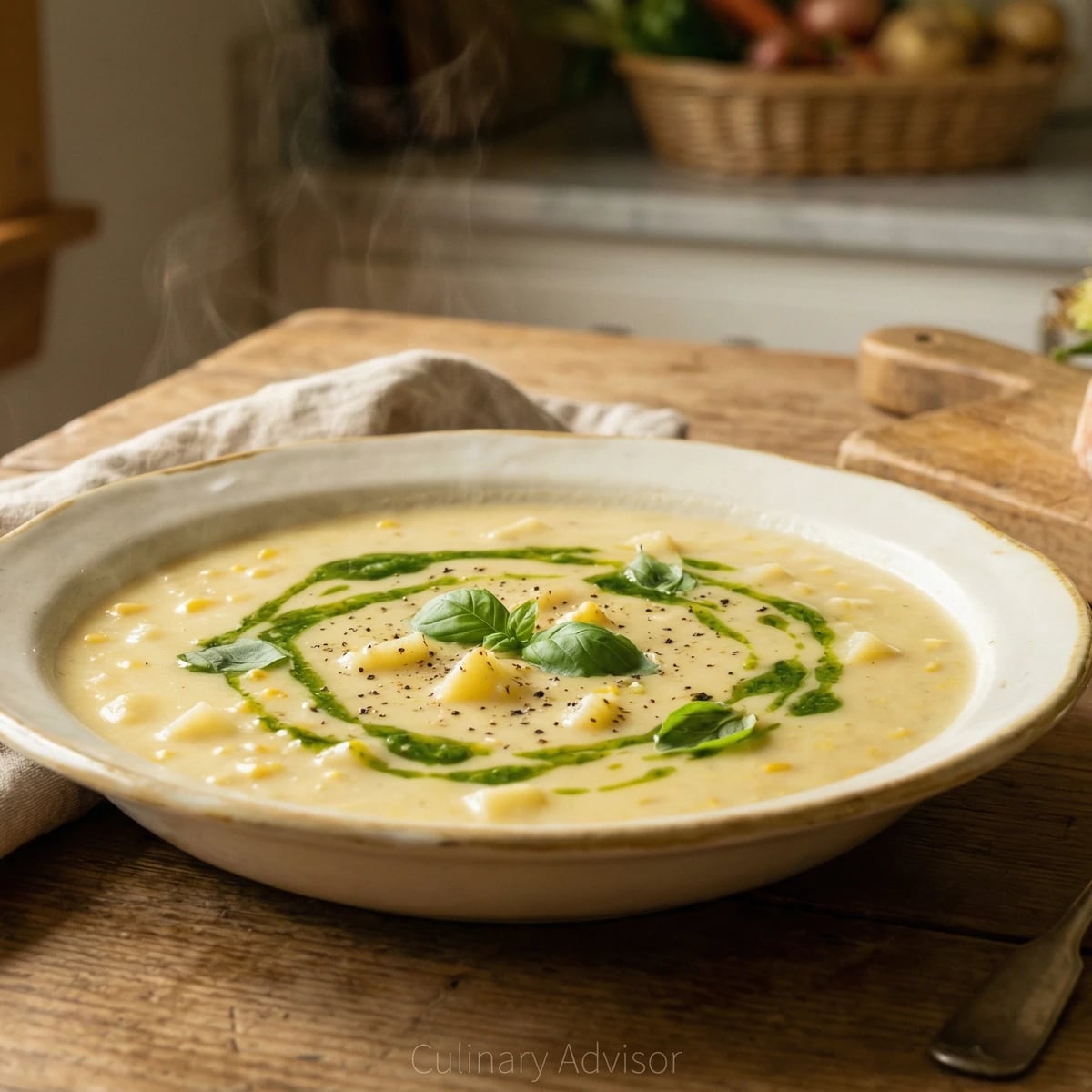 Summer Corn Chowder with Basil Oil
