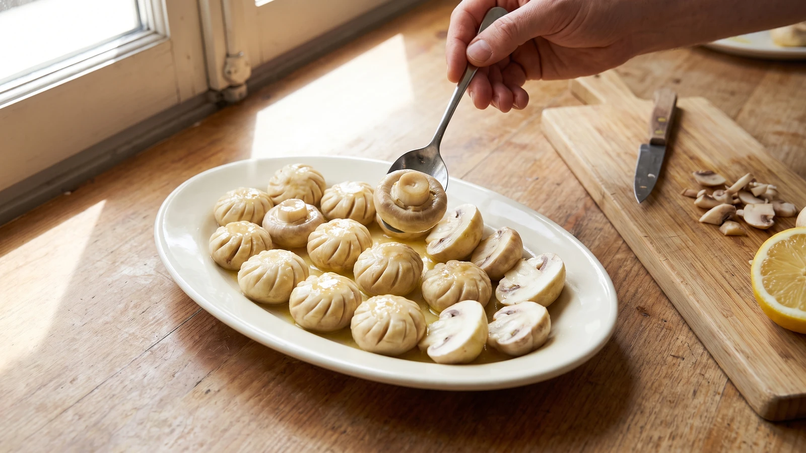 Turned and Grooved Mushrooms for Garnishing