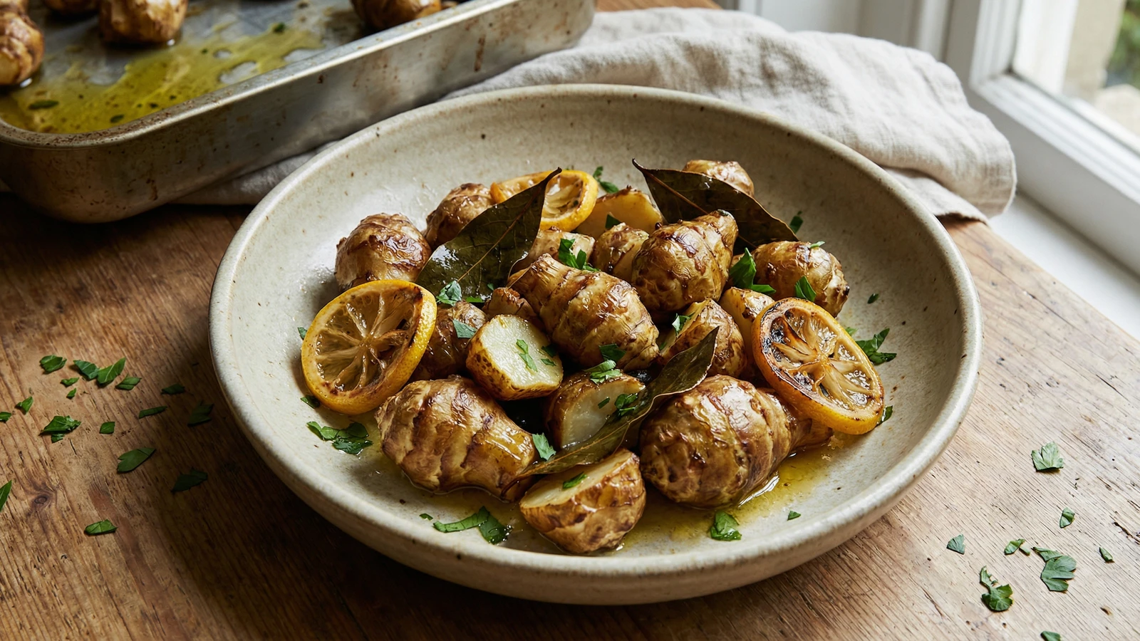 Roasted Jerusalem Artichokes with Lemon and Bay