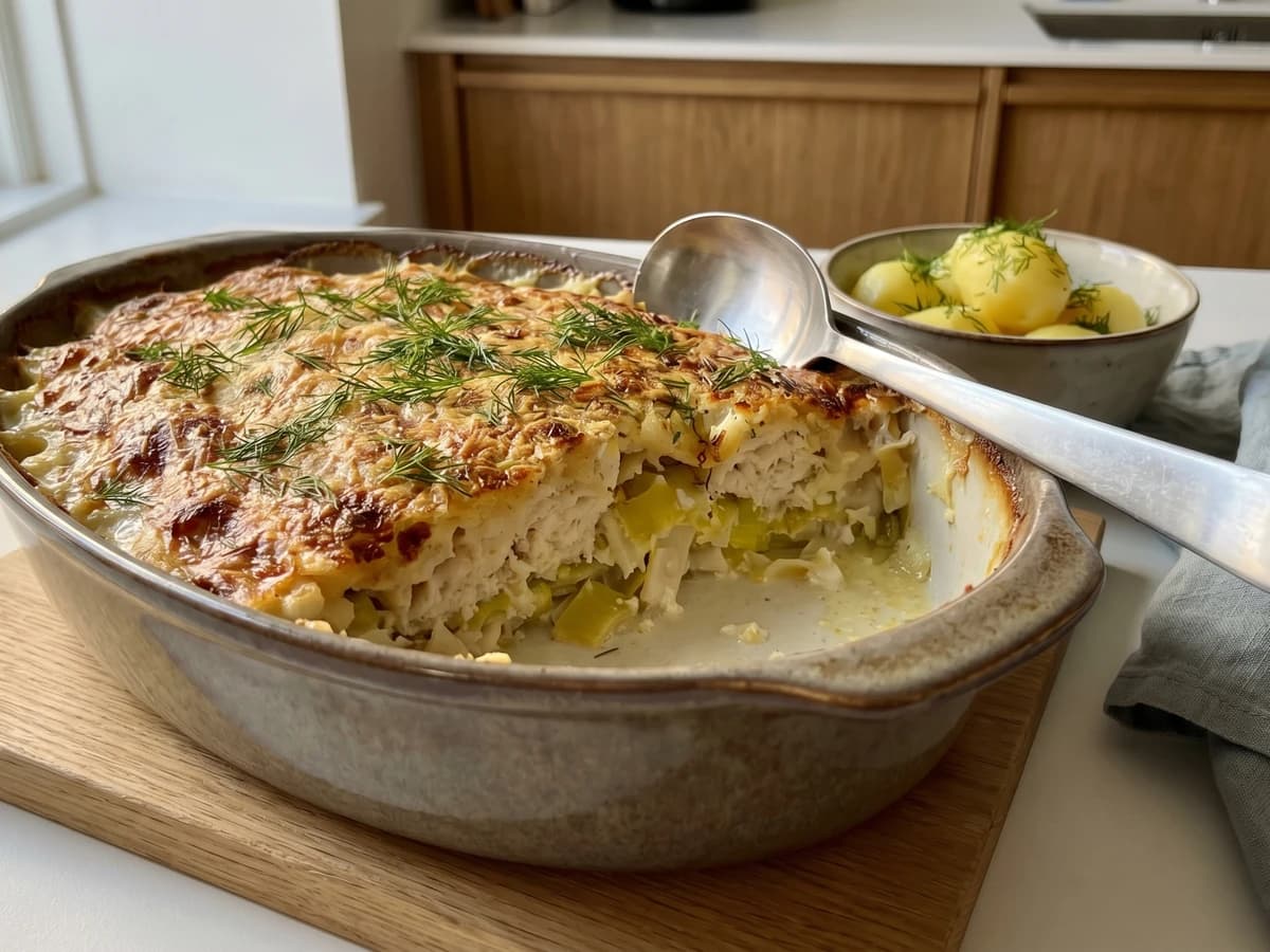 Fiskegratin med Fiskefars, Porrer og Selleri - Chef Freja