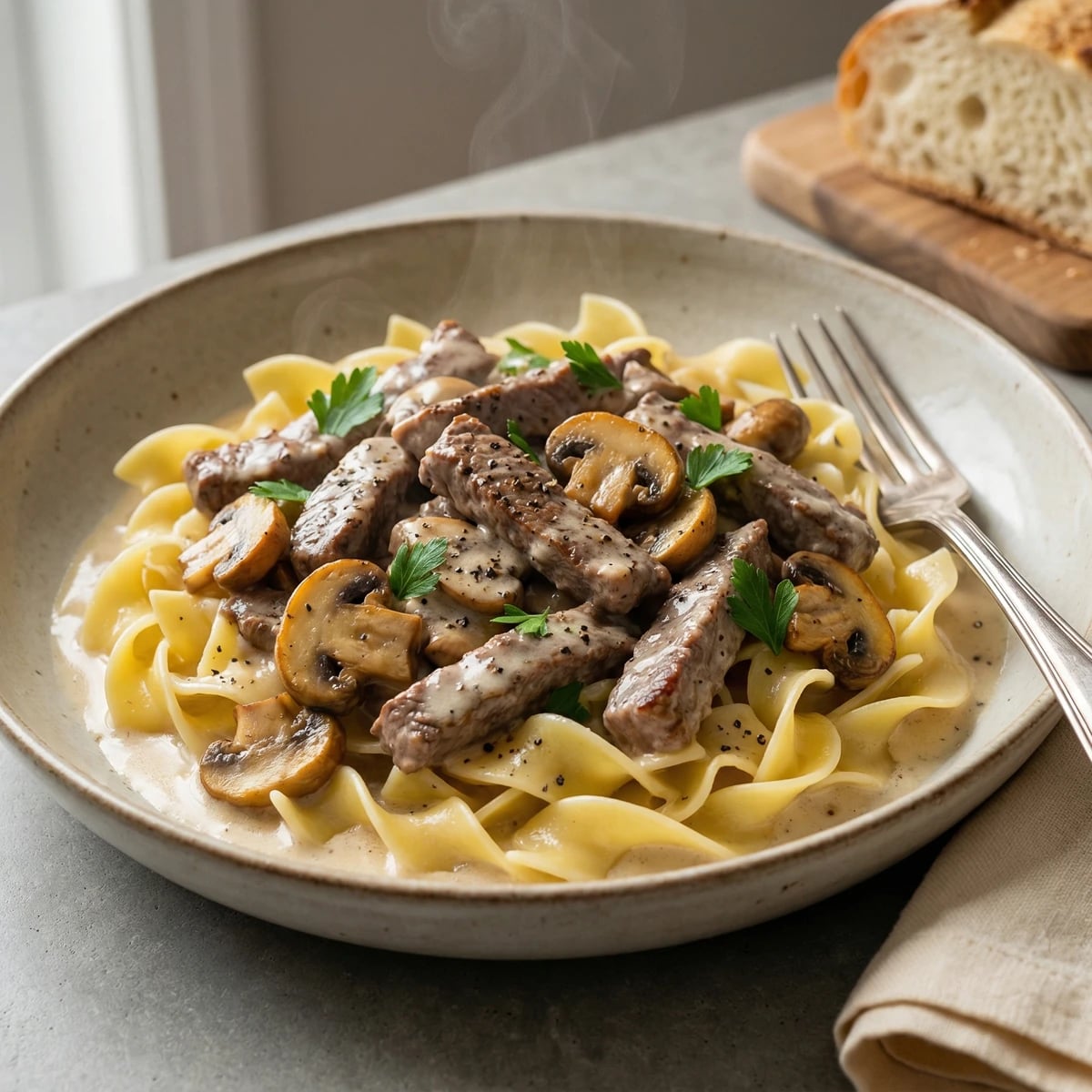 Beef Stroganoff over Egg Noodles