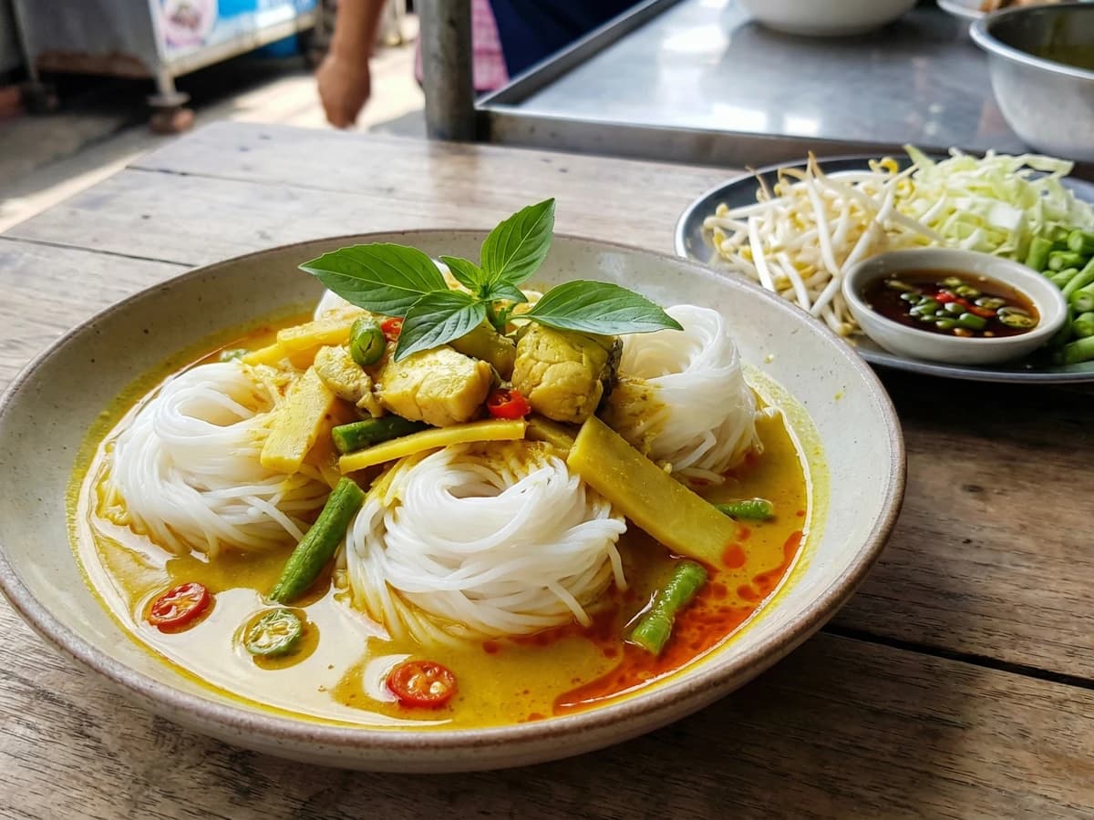 Rice Noodles with Yellow Curry (Khanom Jeen Gaeng Luang) - Chef Fai