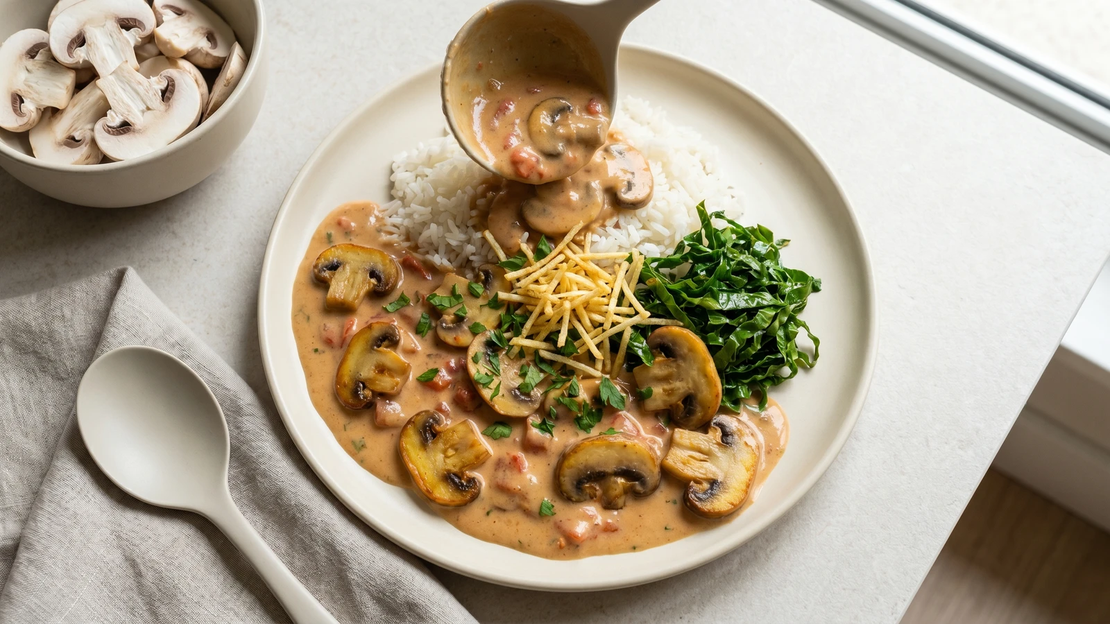 Strogonoff Vegetariano com Cogumelos