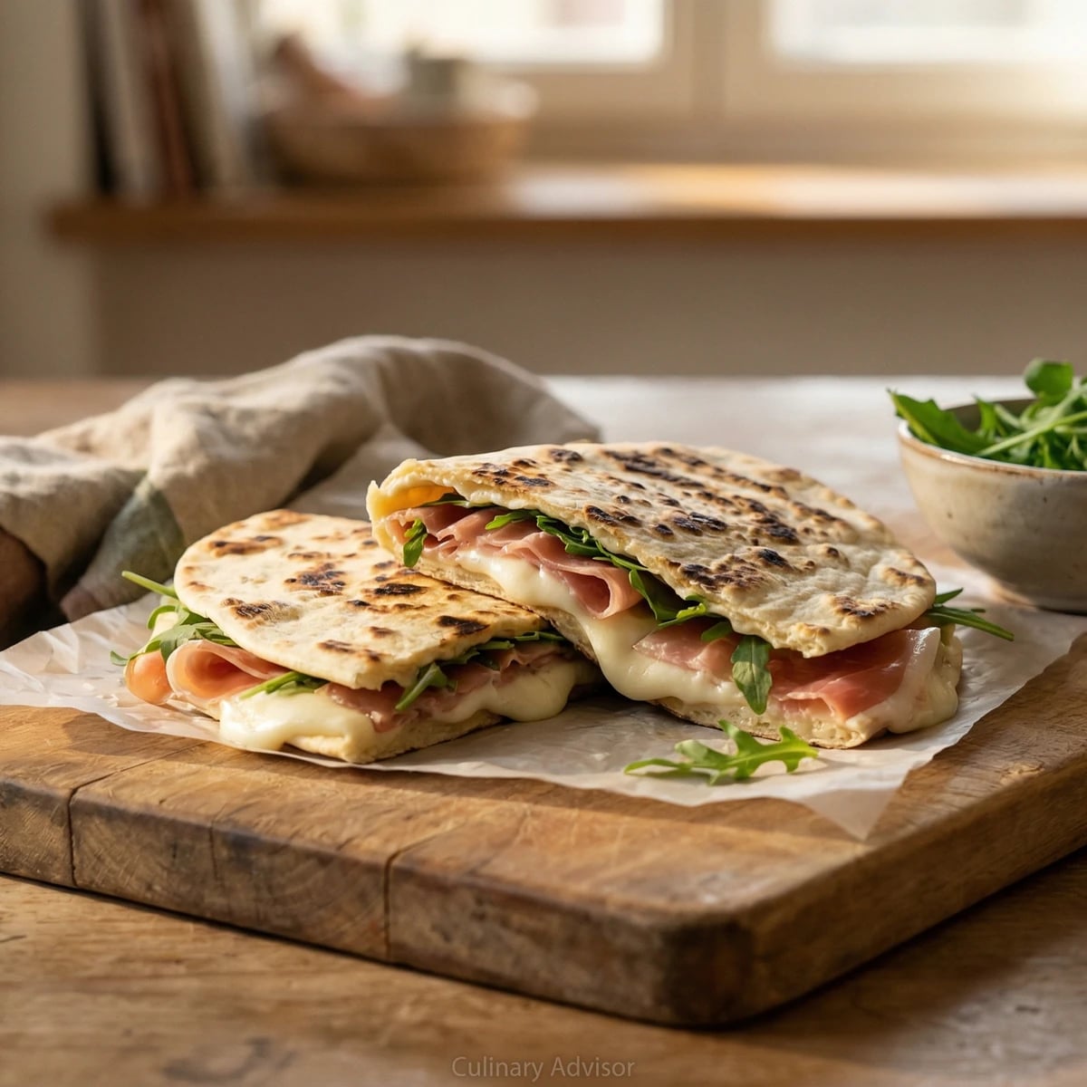 Piadina with Prosciutto, Squacquerone, and Arugula