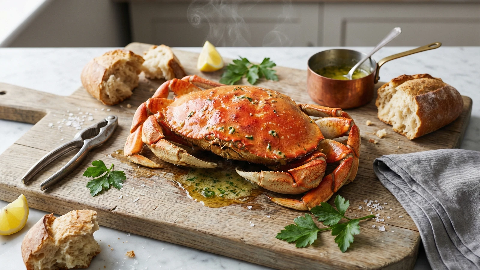 Whole Roasted Dungeness Crab with Garlic Butter and White Wine