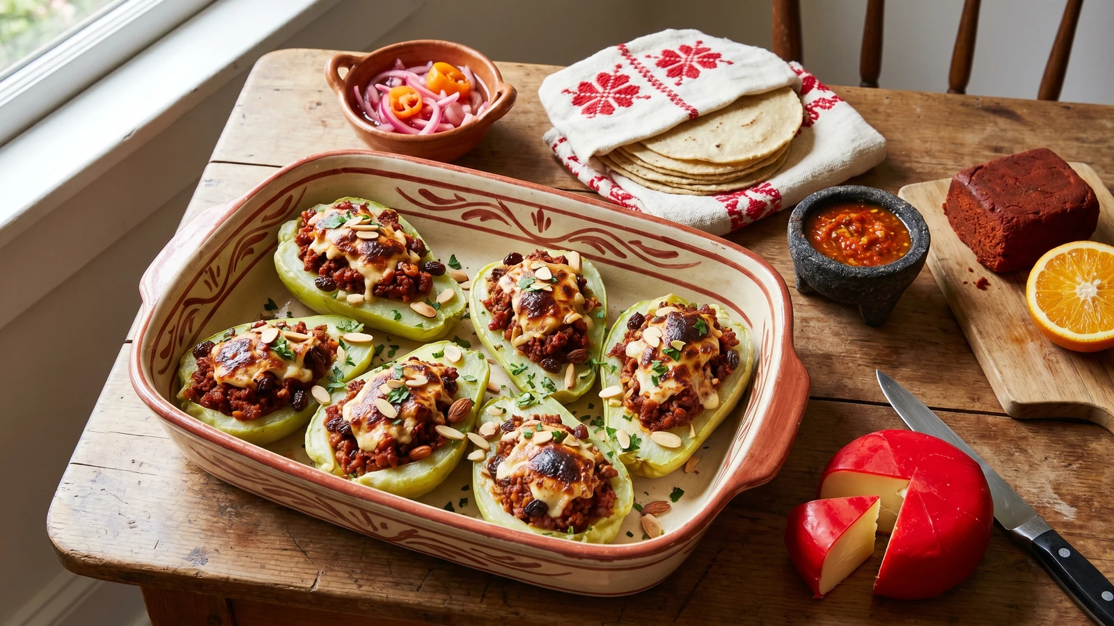 Chayotes Rellenos al Horno con Queso de Bola